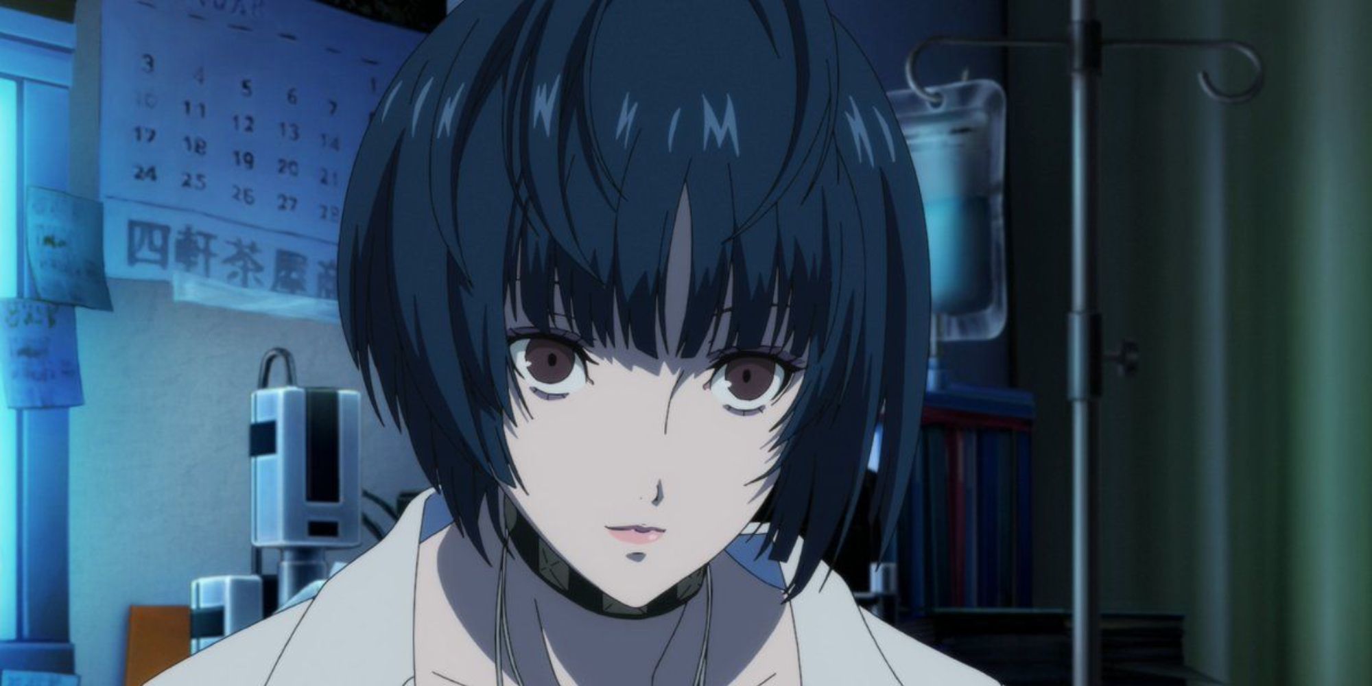 an animated shot of Tae Takemi from Persona 5 Royal in a doctor's office looking toward the viewer