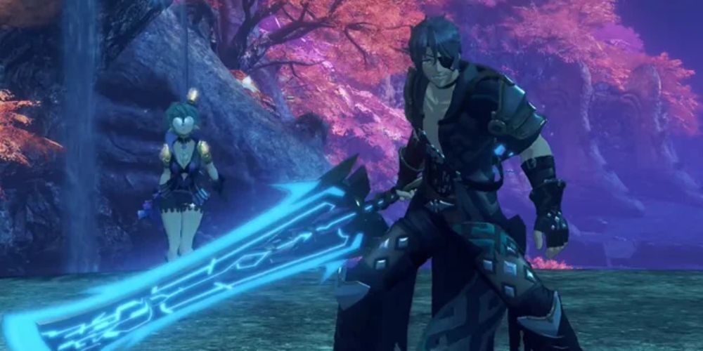a wide shot of Zeke (in the foreground) and Pandoria (in the background) from Xenoblade Chronicles 2 with Zeke holding the Big Bang Edge sword