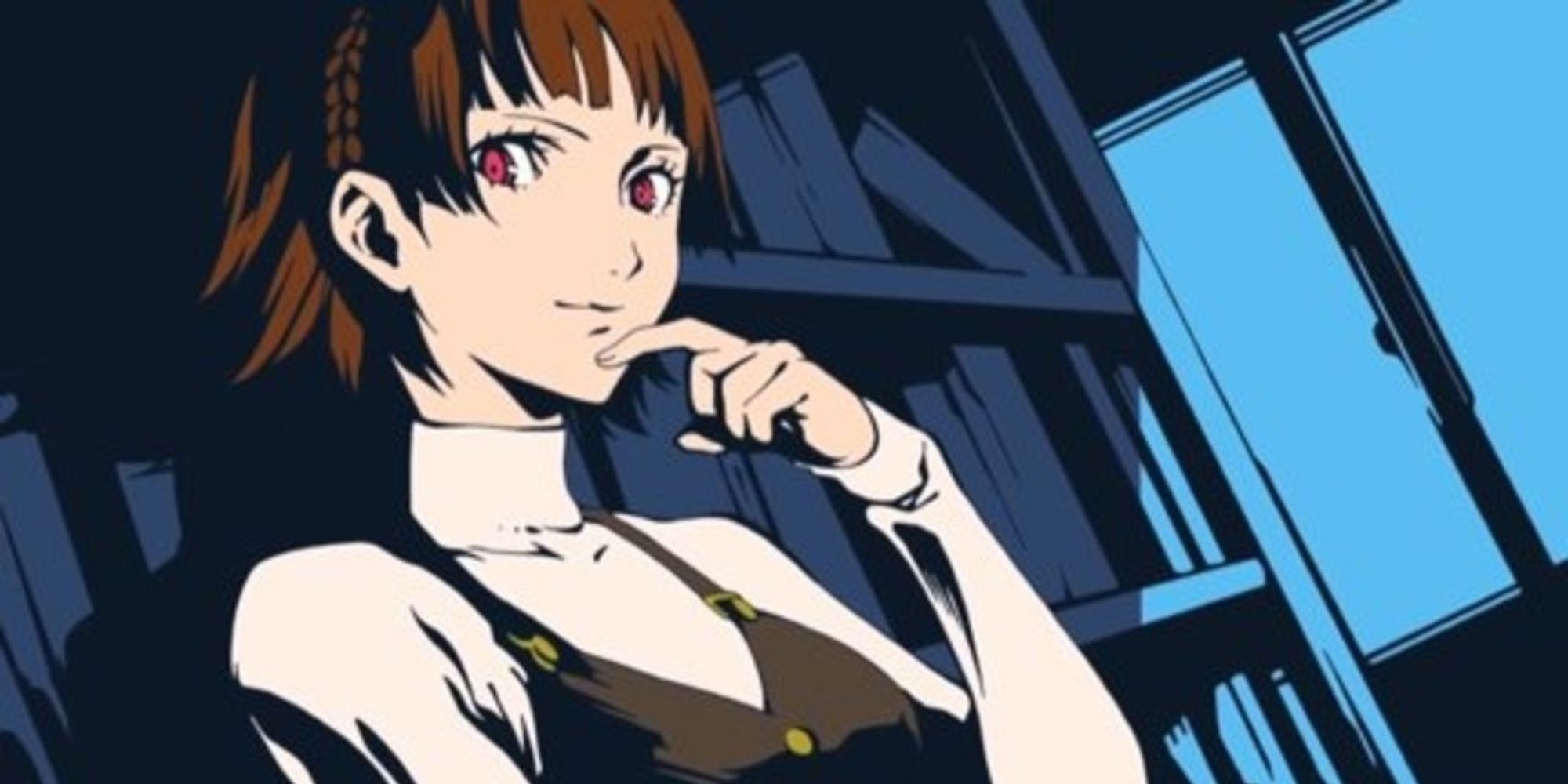 a piece of art of Makoto Niijima from Persona 5 Royal stood against a blue bookshelf with her finger on her chin