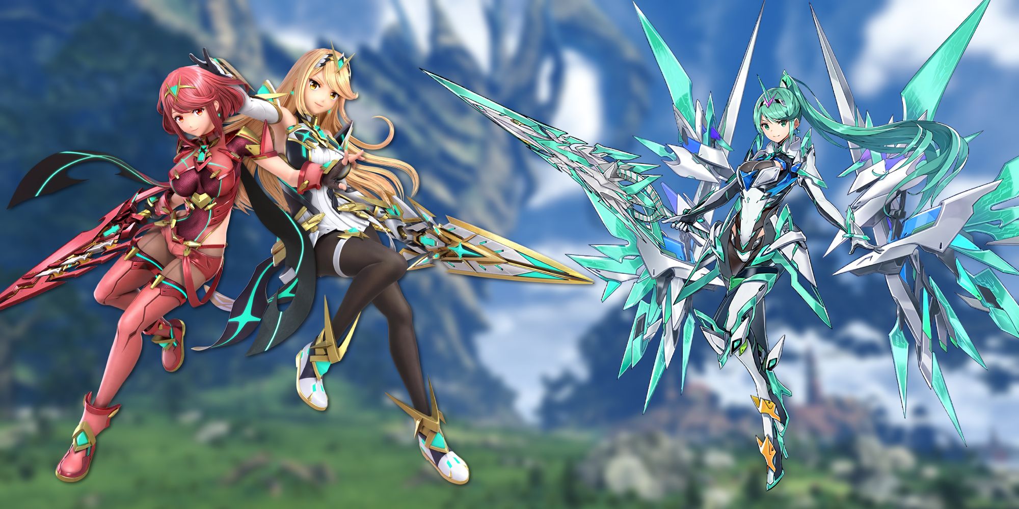 an image of Pyra, Mythra and Pneuma overlaid on top of a blurry image of Gormott from Xenoblade Chronicles 2