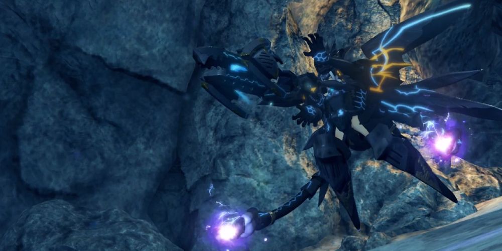 a wide shot of Herald from Xenoblade Chronicles 2 in her dragon mech with purple lasers coming from the tail of the mech