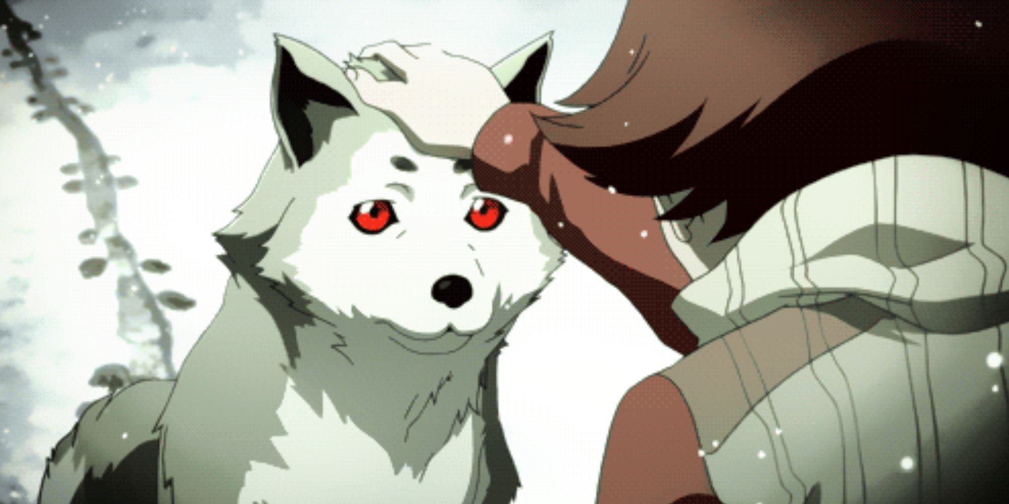an animated shot of Koromaru from Persona 3 Portable being petted on the head against a backdrop of snow