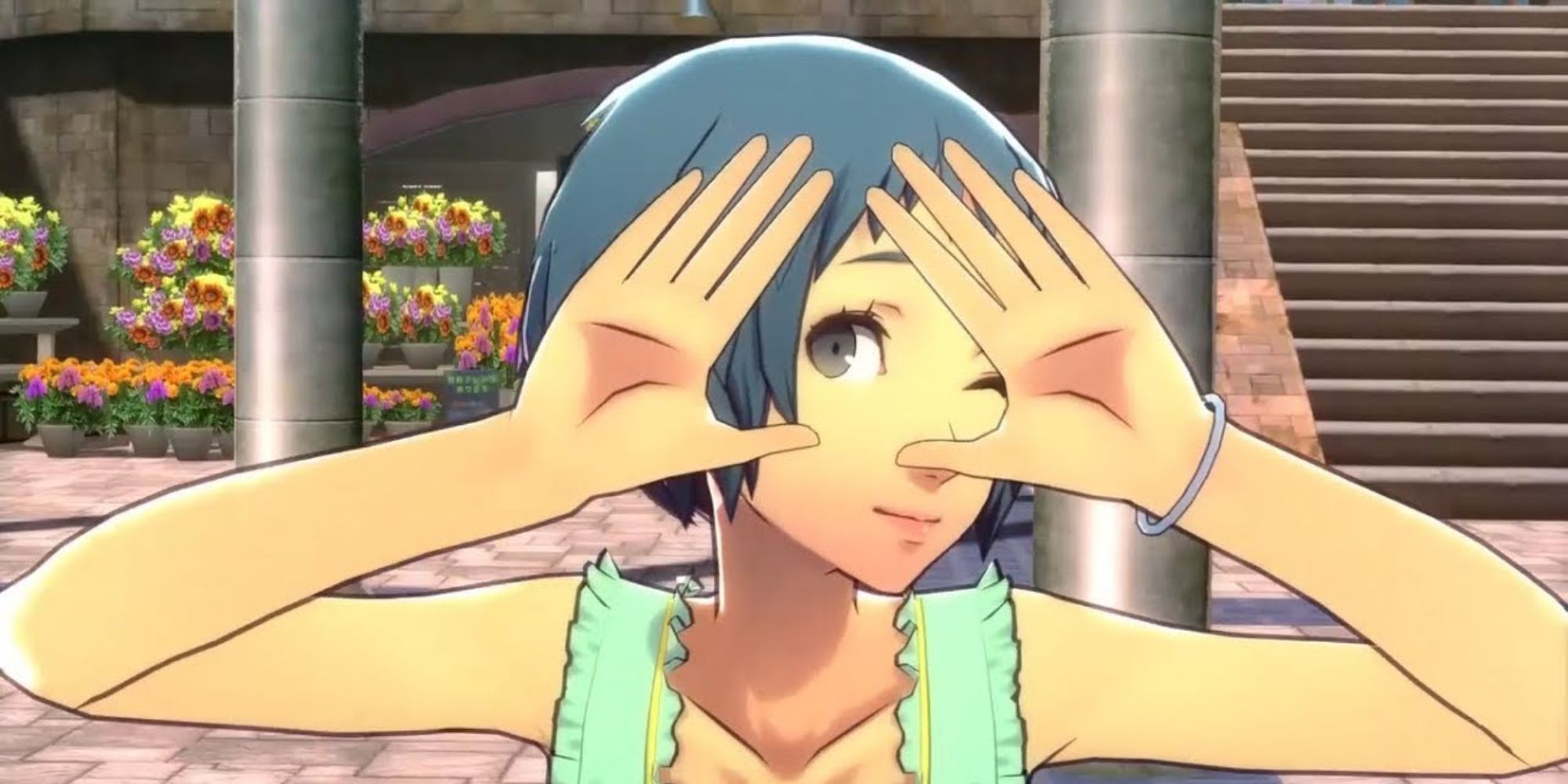 a shot of Fuuka Yamagishi from Persona 3 Dancing In Moonlight holding up her hands to her face 