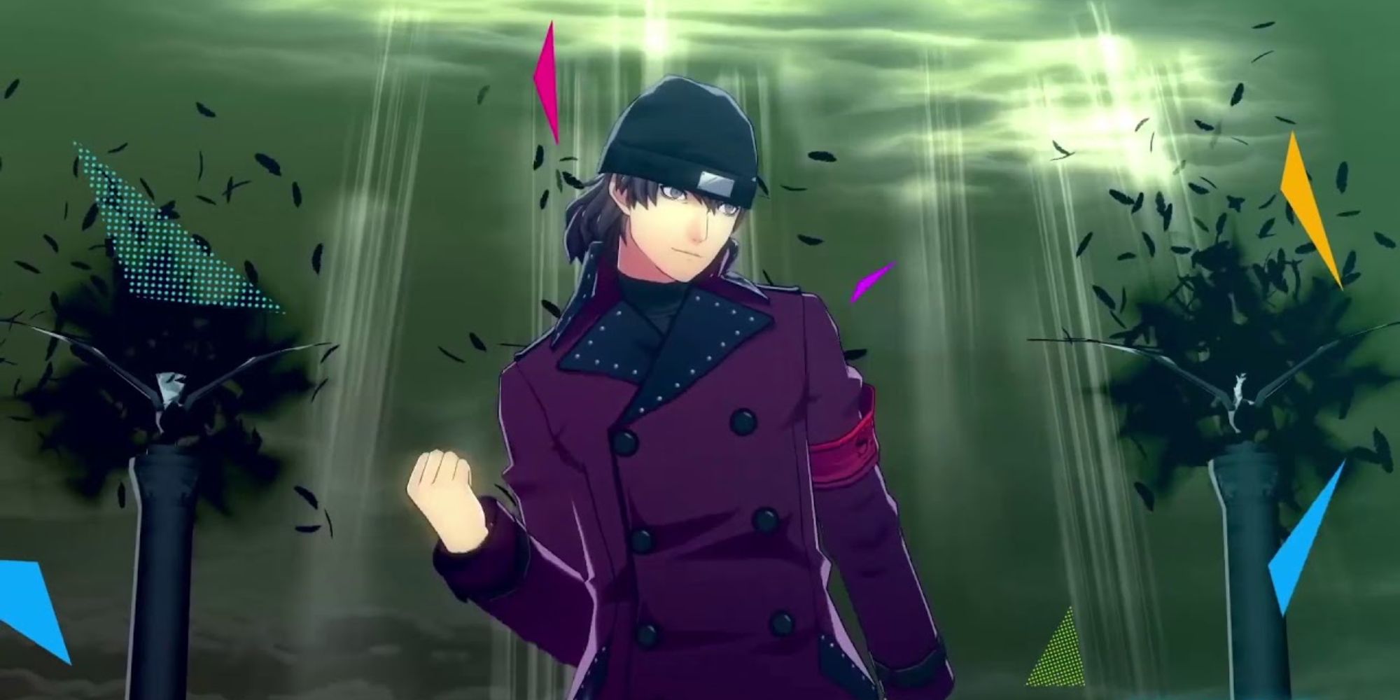 a shot of Shinjiro Aragaki from Persona 3 Dancing In Moonlight stood in a dark ethereal space with clouded black pillars on either side