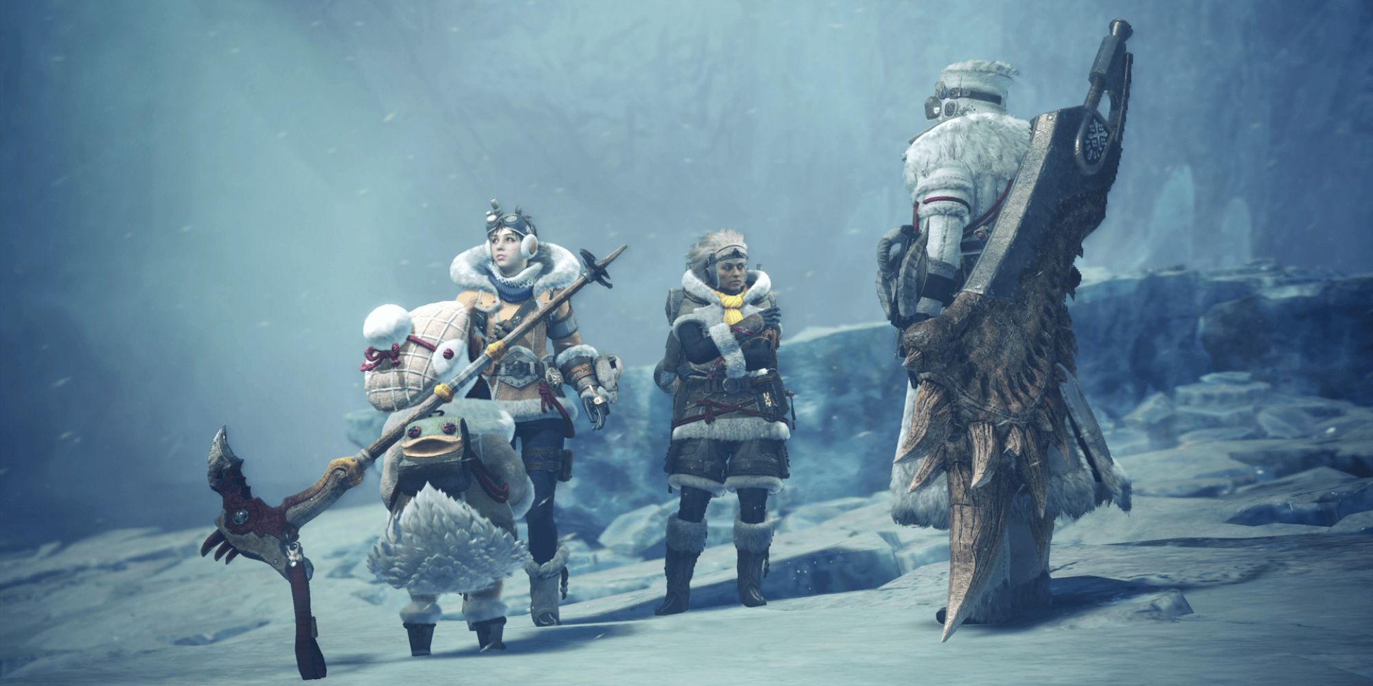 A wide shot of various characters from Monster Hunter: Iceborne standing around in a frozen tundra covered in thick winter clothing.