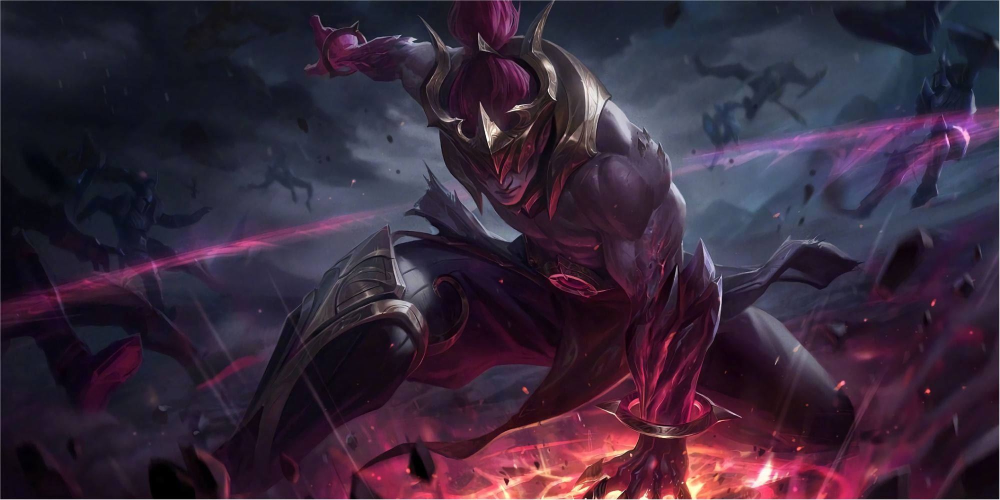 Nightbringer Lee Sin with his palm firmly planted in the ground, the earth alight with fiery light and cracks beneath