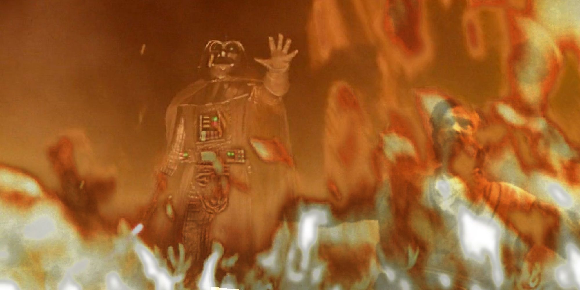 Obi-Wan in the flames of Vader lifting force rocks