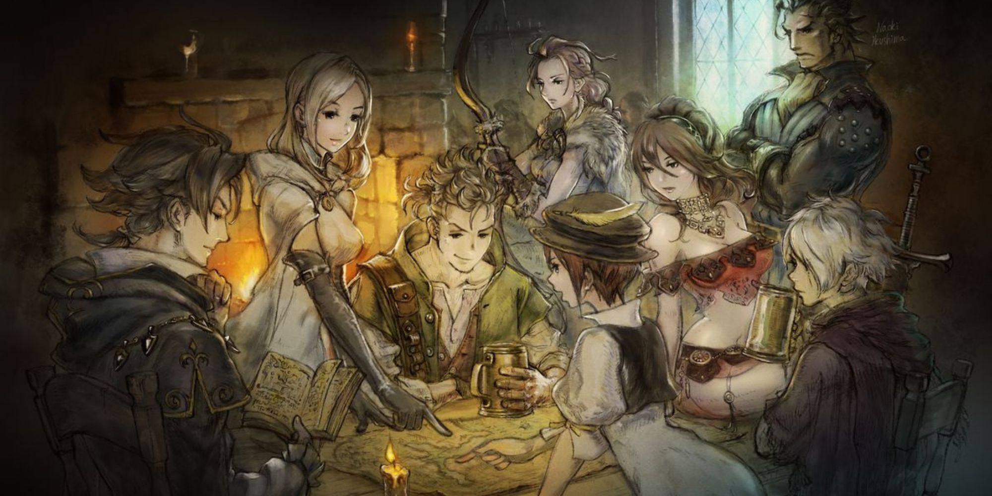 Alfyn, Ophilia, and Tressa surround a table with H'aanit, Therion, Cyrus, Primrose, and Olberic around them