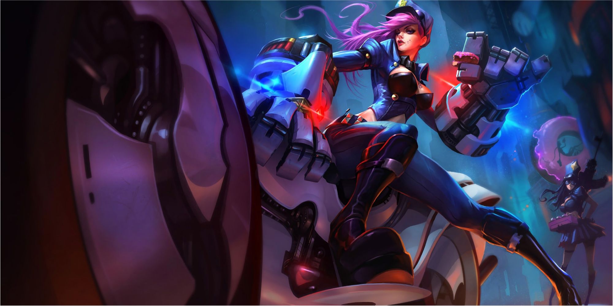 Officer Vi holding a little donut in her massive gauntlet while Officer Caitlyn stands behind her, jinx further back
