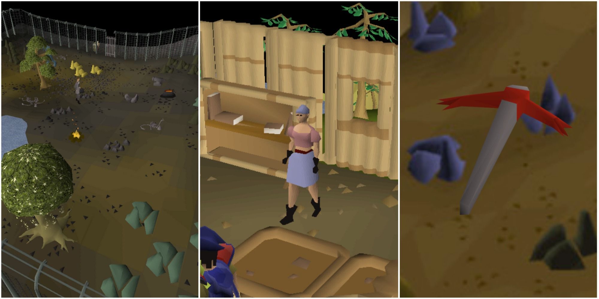 Old School RuneScape split feature image featuring screenshots of the Resource Area, Pirate Jackie The Fruit, and the Mining Guild