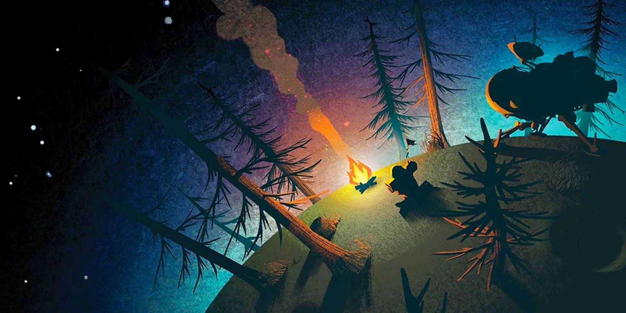 OuterWilds-Kunst des Raumschiffs und des Protagonisten, die vor einem Feuer auf einem kleinen Planeten sitzen.