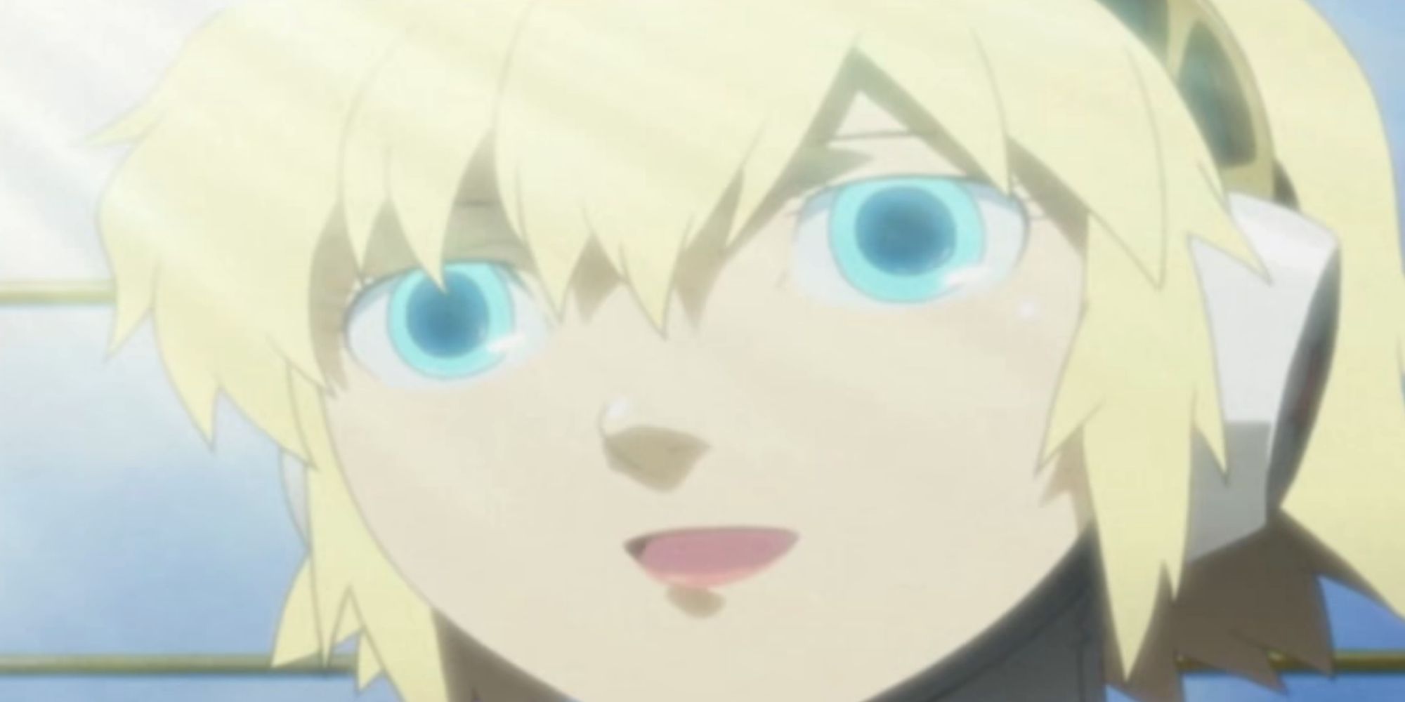 A close-up of Aigis happily looking at Yukari