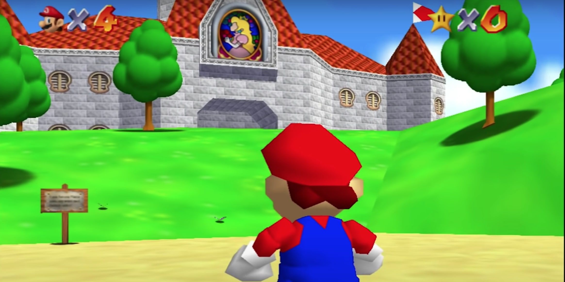 Mario standing outside Peach's Castle in Super Mario 64