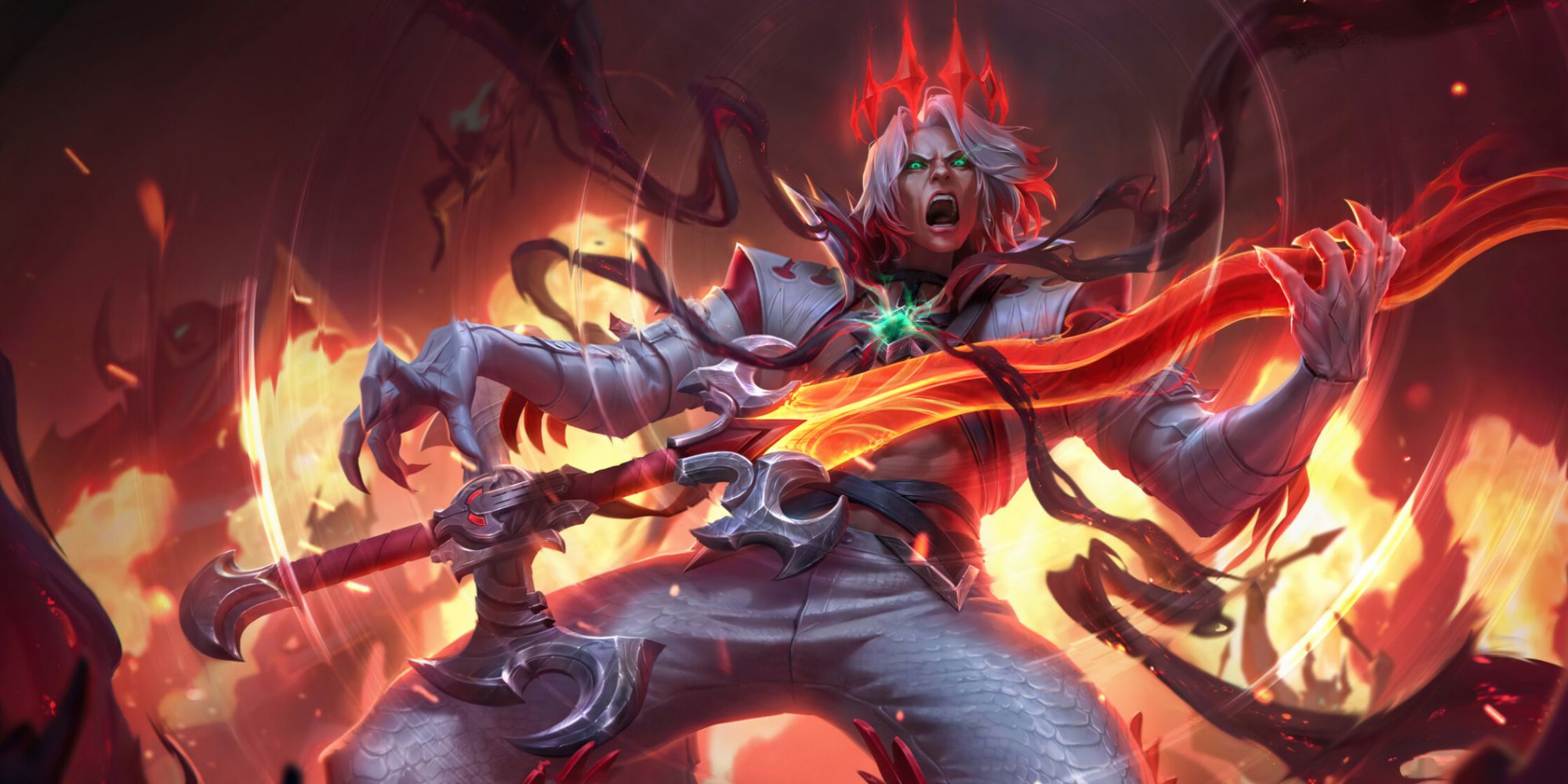 Pentakill Viego getting some riffs with Pentakill with his sword a red crown encircling his head as he wears a white suit