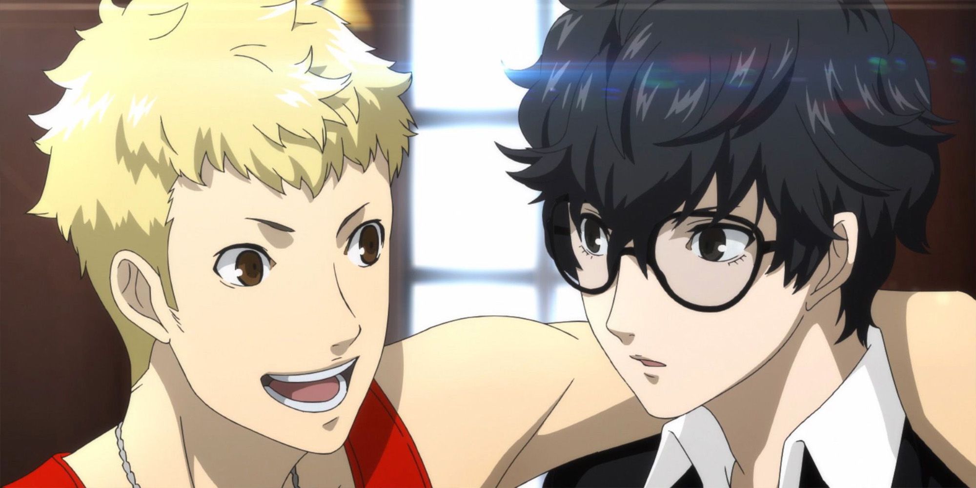 an animated shot of Ryuji and Joker from Persona 5 with Ryuji putting his arm around Joker