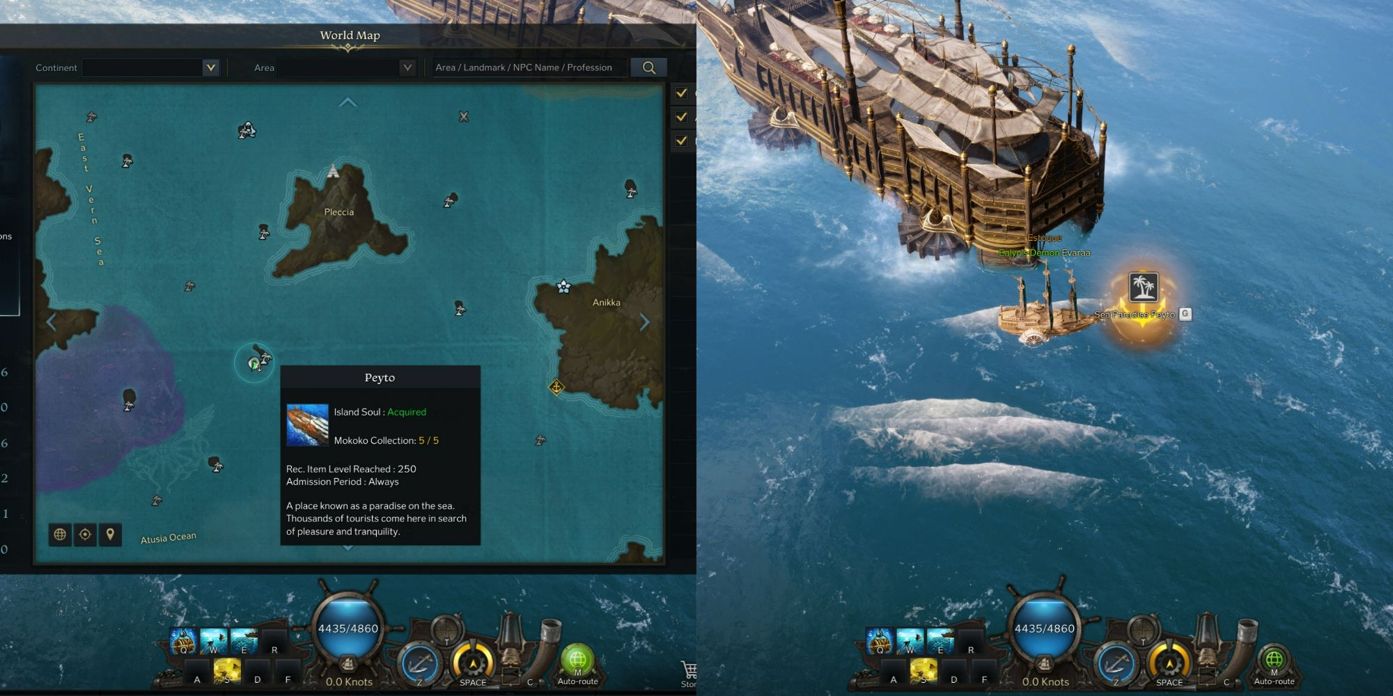 Lost Ark split image of Peyto location on open seas and map location