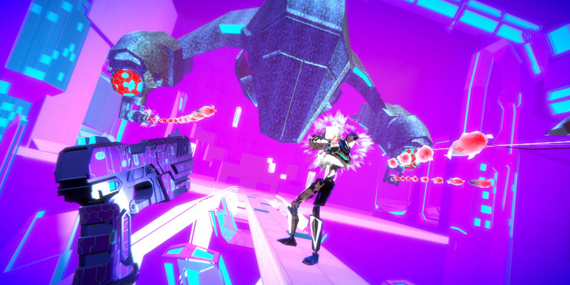 A player shoots a gun at a robot in a bright neon synthwave world