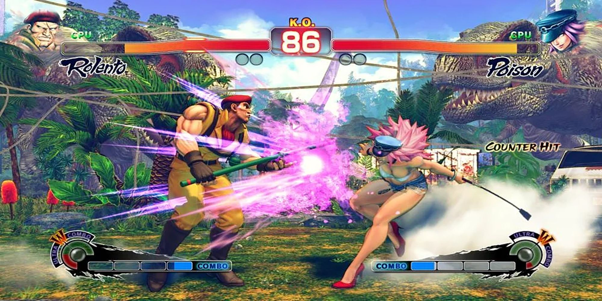 Poison Counter Hits Rolento during a battle in a Dinosaur park in Ultra Street Fighter 4.