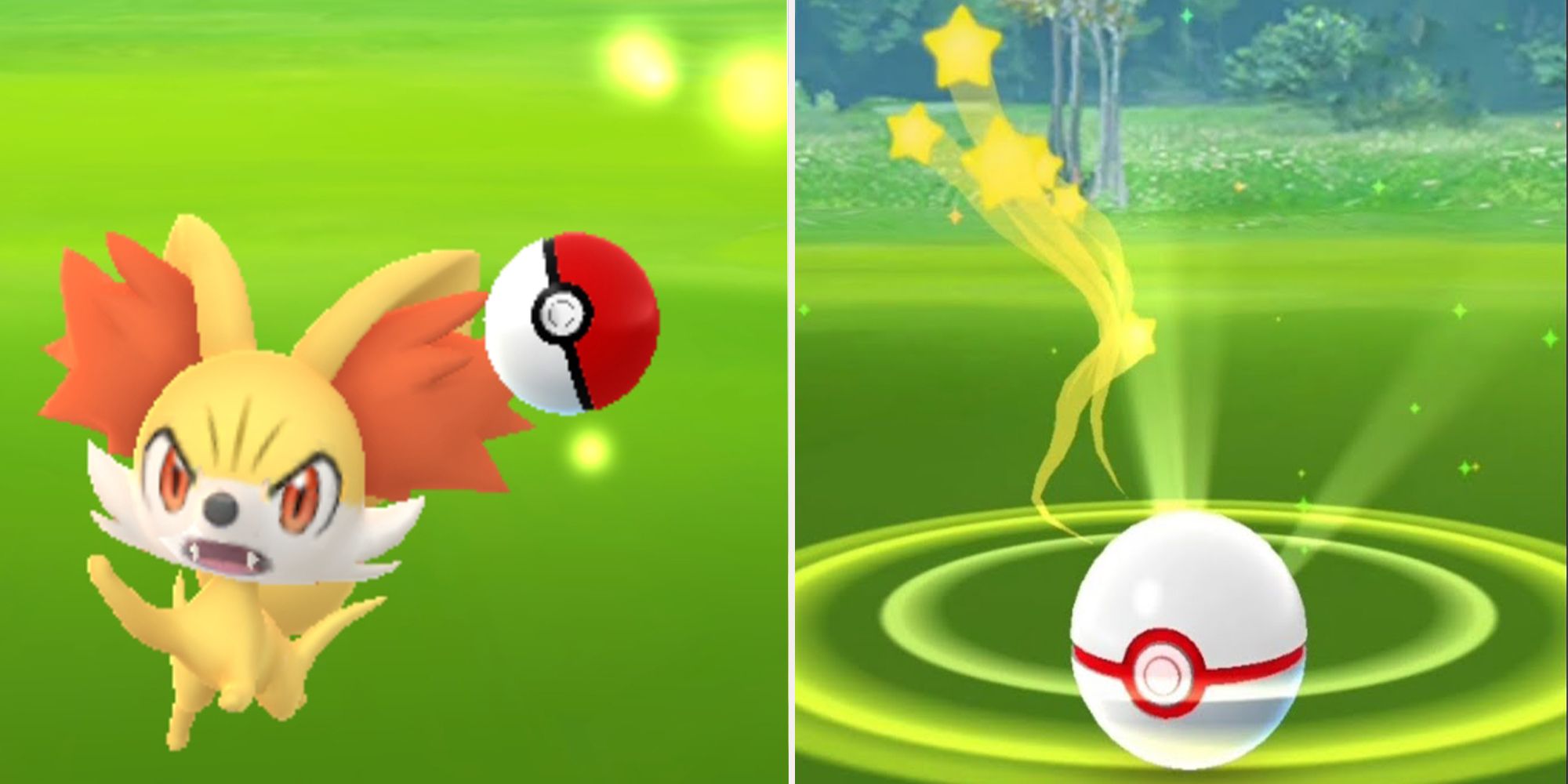 Pokemon Go - catching a fennekin (left), critical catch animation (right)