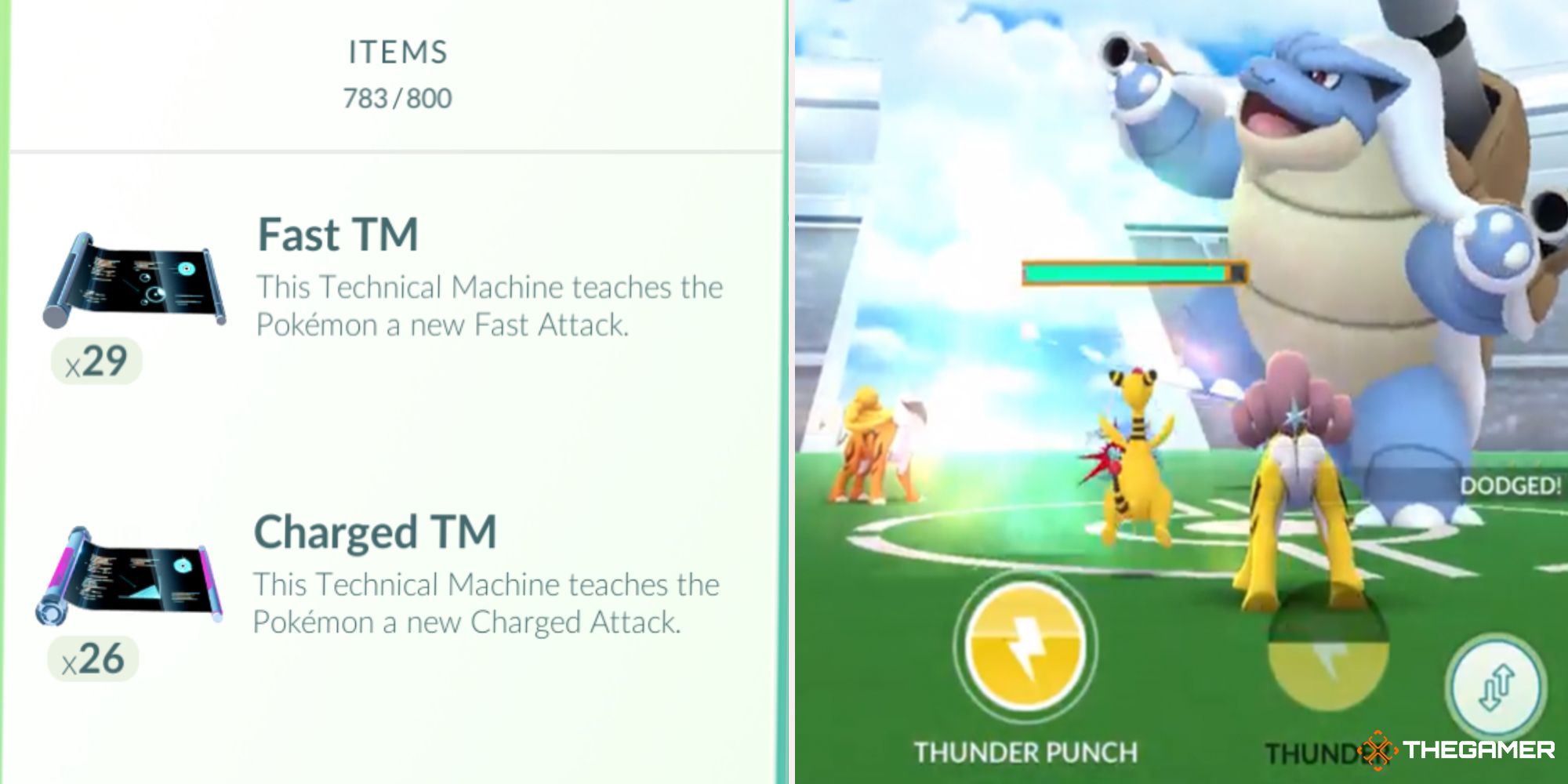 Pokemon Go - raid battle (right), tms in the inventory (left)