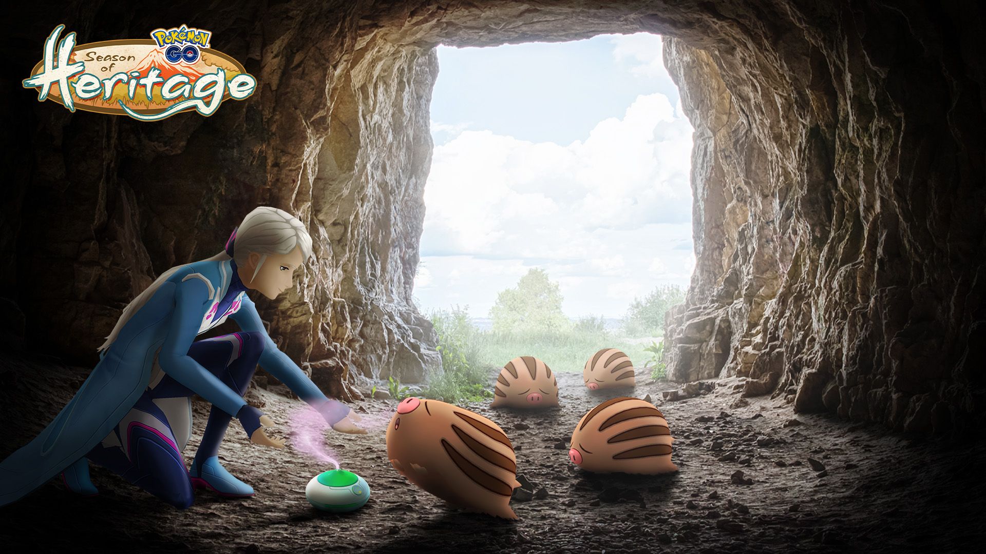 A Pokemon Go Trainer using an Incense to attract four Swinub in a cave