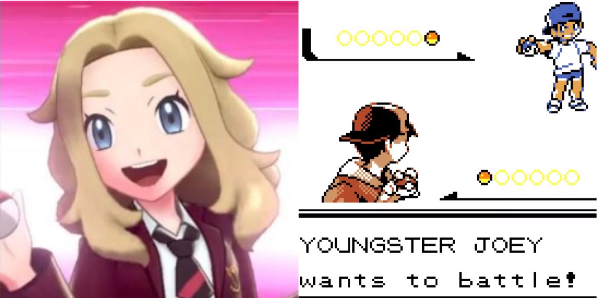 A smiling blonde girl holding a Pokeball and Youngster Joey ready to battle!