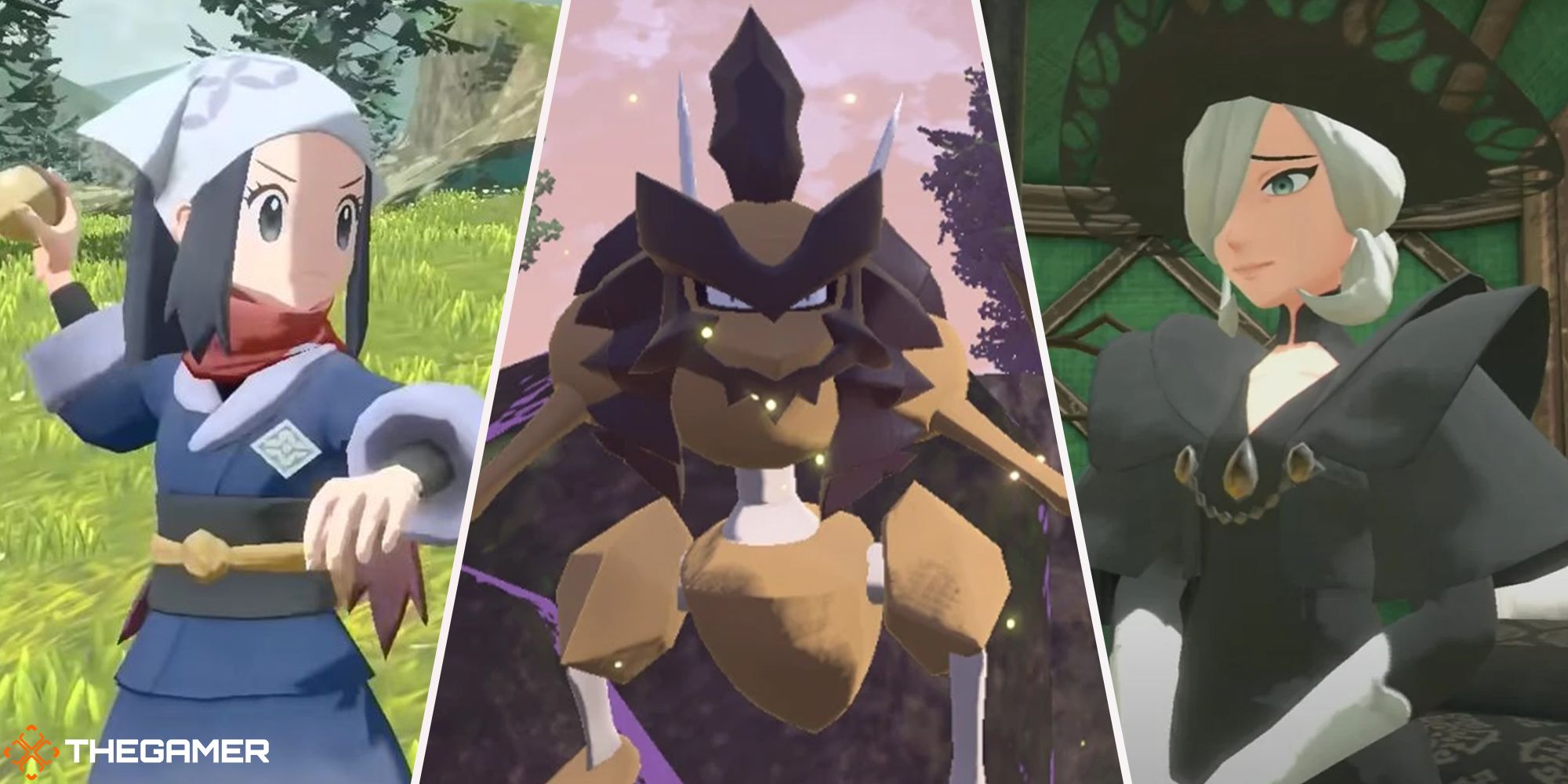Pokemon Legends Arceus - Cogita (right), player (left), Scizor evolution (centre)