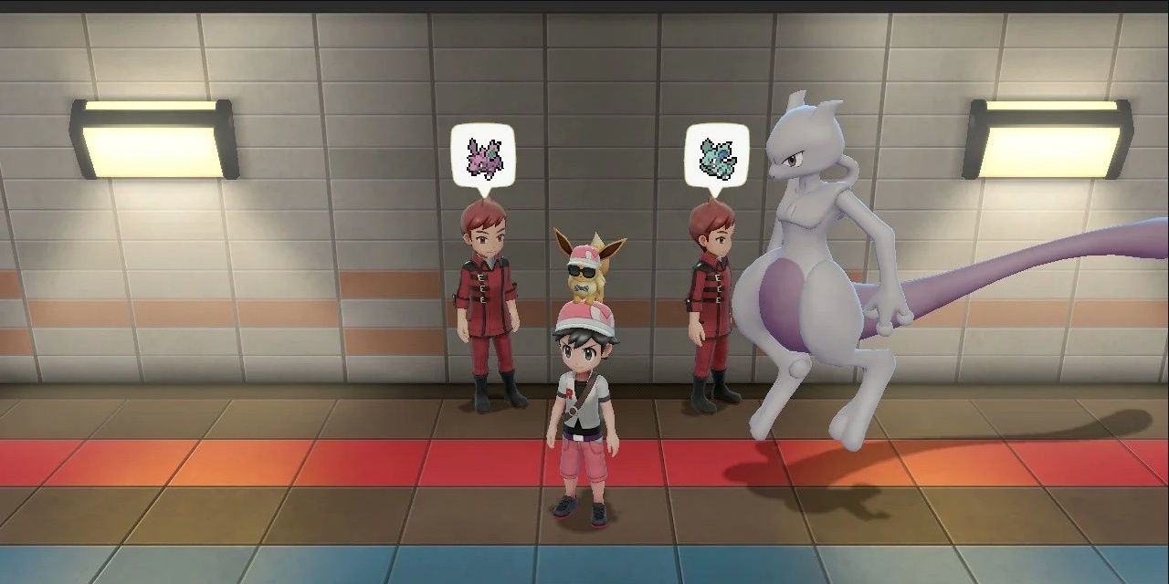 A Nidorino Master and a Nidorina Master standing in a hall with an Eevee trainer and Mew-Two