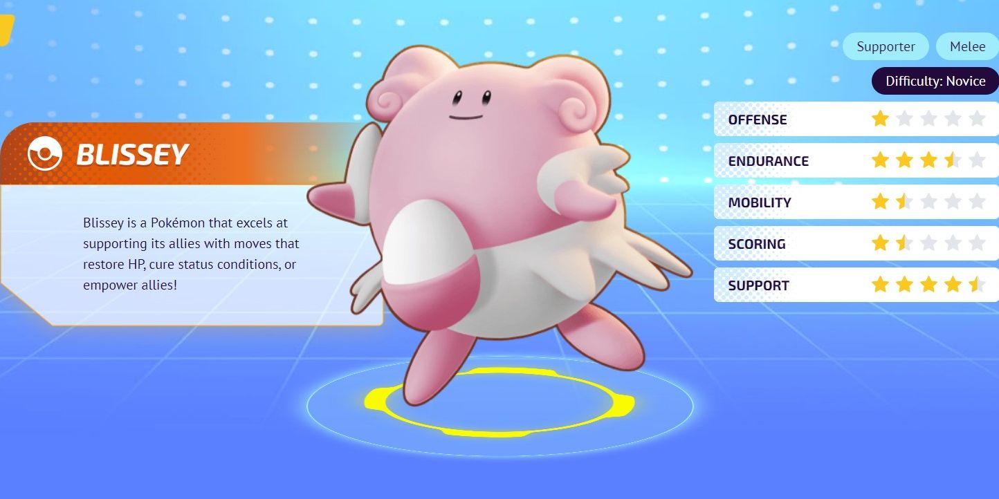 Blissey looking happy in its Unite information screen.