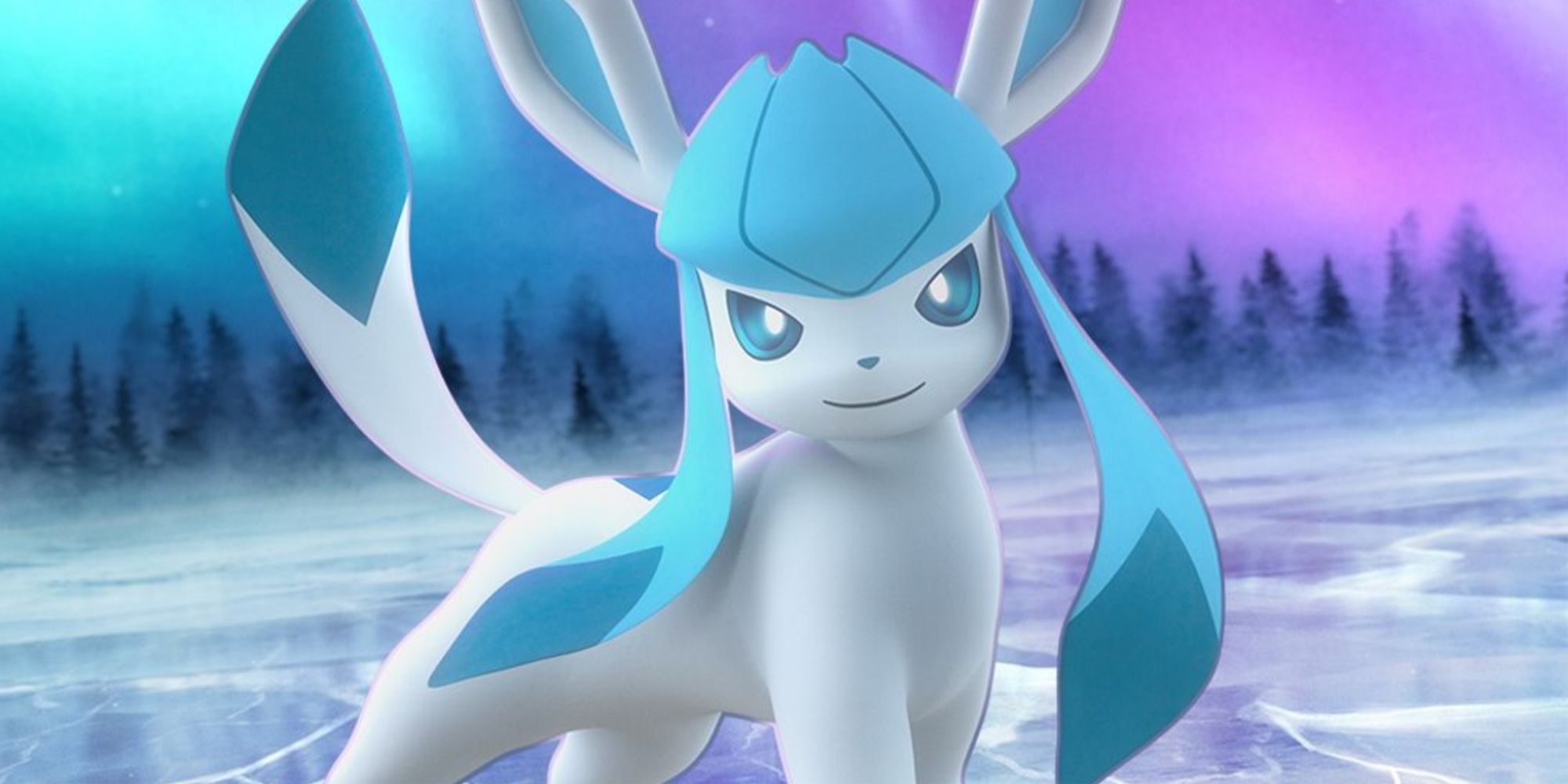 Glaceon smiling while standing on cracked ice with trees behind it.