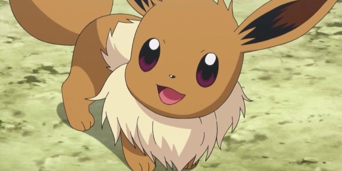 Pokemon anime screenshot of Eevee smiling