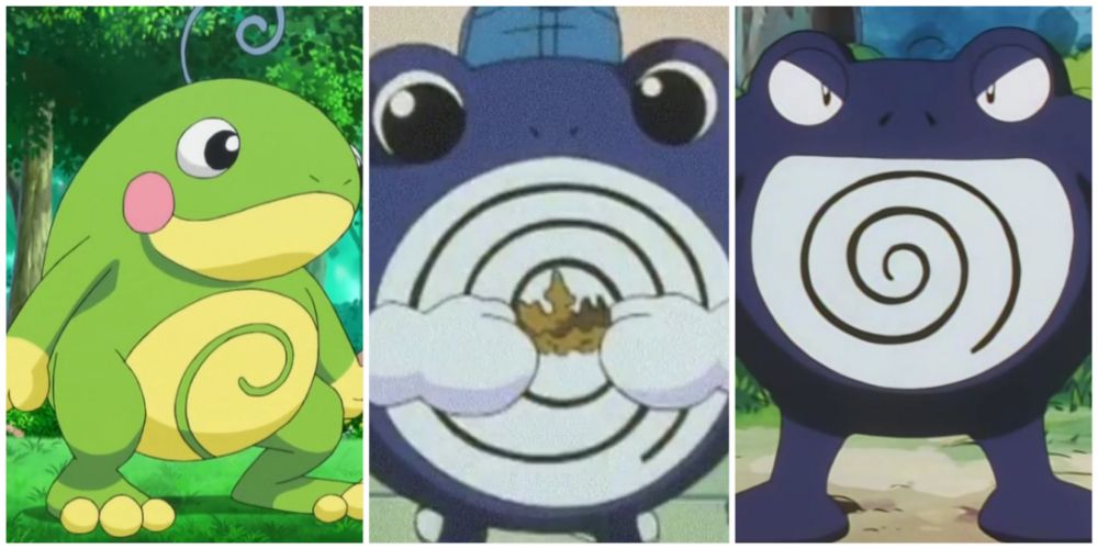 Split image screenshots of Politoed, Poliwhirl holding a King’s Rock and Poliwrath in the Pokemon anime.