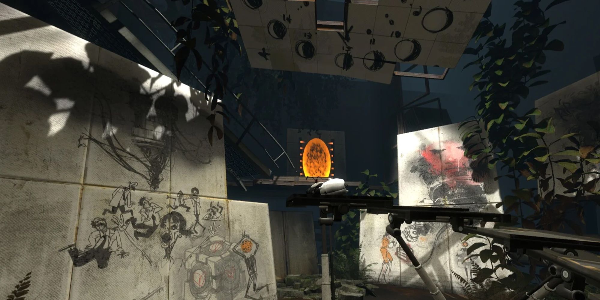 Portal 2 - player in the room with the portal gun and the rat man's scriblings