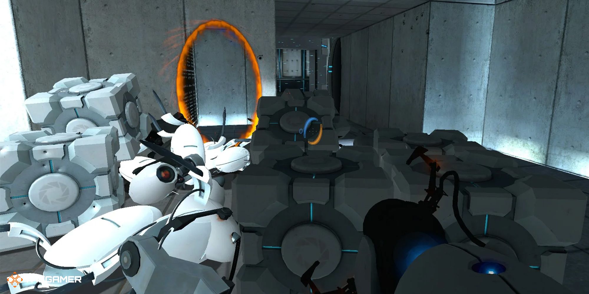 Portal 2 - player with a pile of companion cubes and turrets