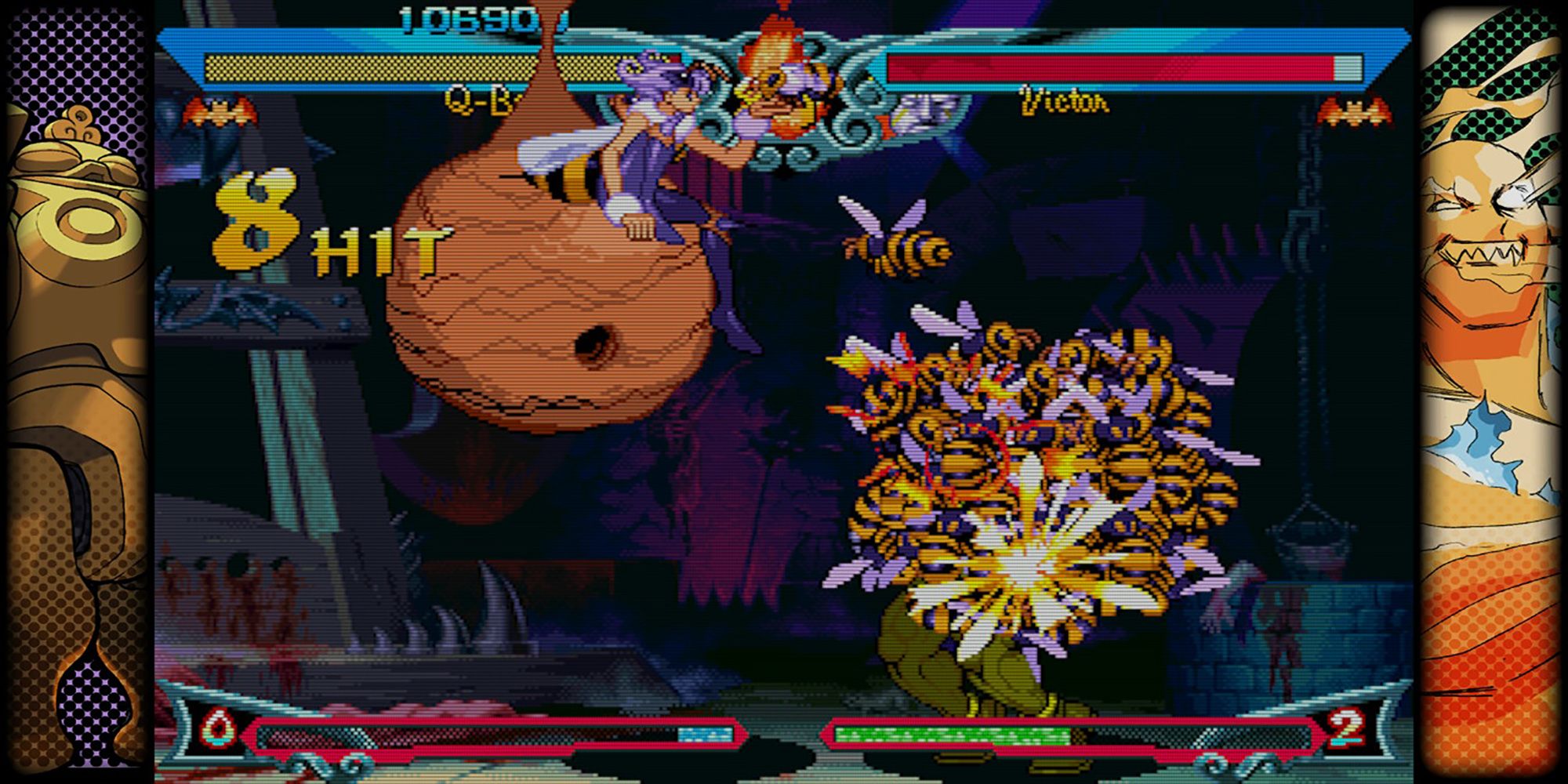 Q-Bee B+ sends a swarm of bees to sting Victor to death while fighting in a torture chamber in Vampire Savior 2, a game in Capcom Fighting Collection.