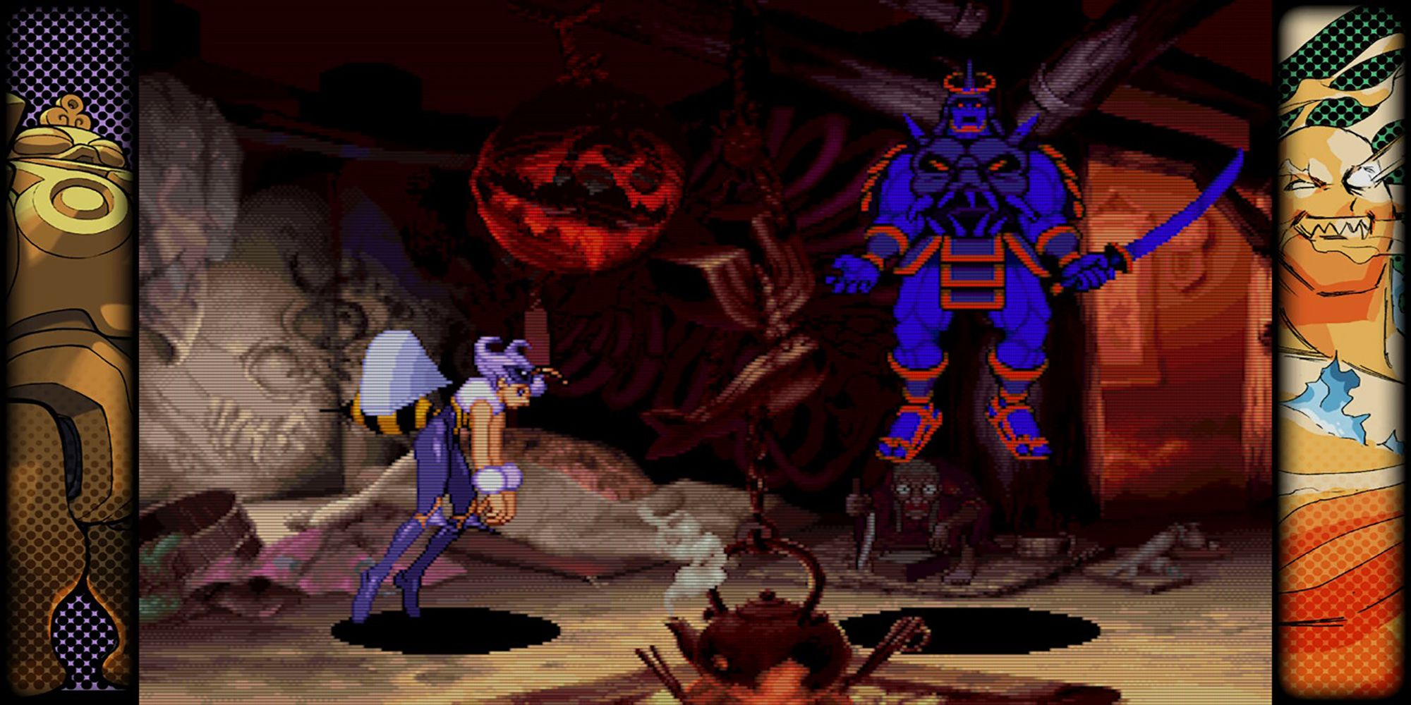 Oboro Bishamon appears to Q Bee in a dilapidated house in Vampire Savior 2, a game in Capcom Fighting Collection.
