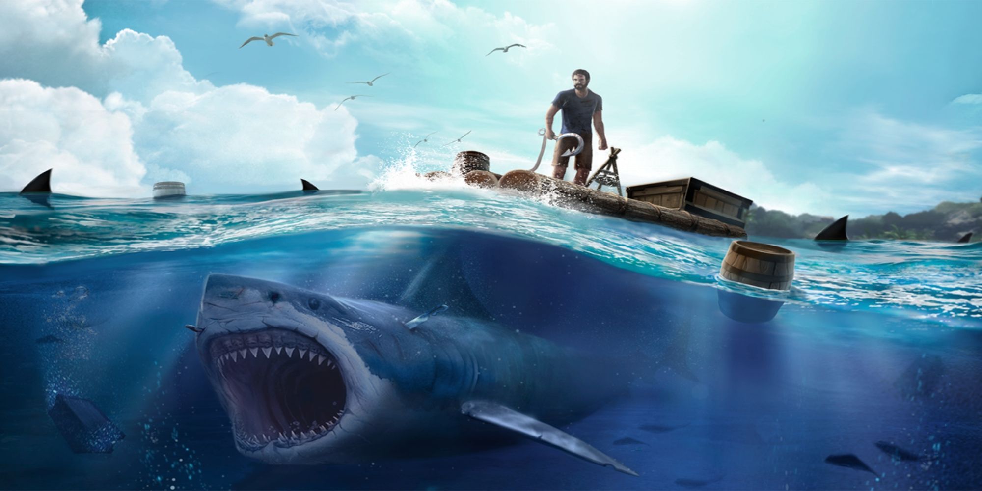 A man standing on his raft boat in the middle of the ocean with a huge shark swimming below him with its mouth wide open (from Raft Survival: Ocean Nomad)