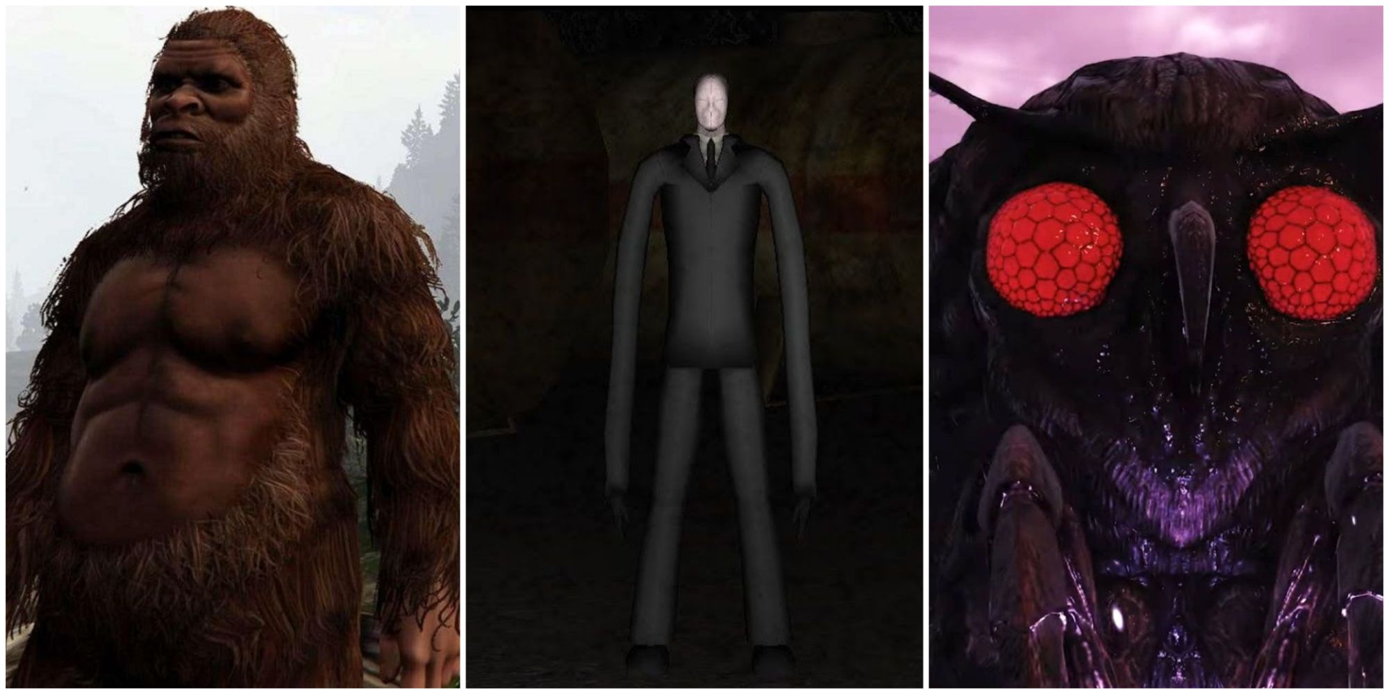 Bigfoot in a suit from GTA, Slender Man in a Slender Man horror game standing upright against a dark background, Mothman with glowing red eyes up close from Fallout 76