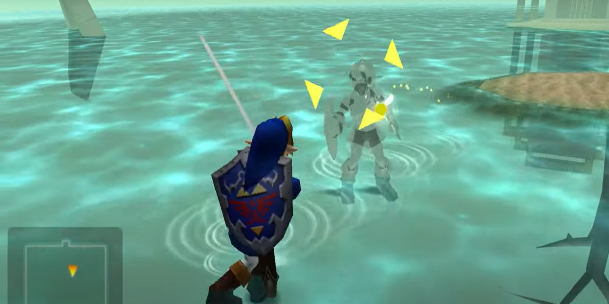 Ocarina of Time's Link Battling Dark Link in Water