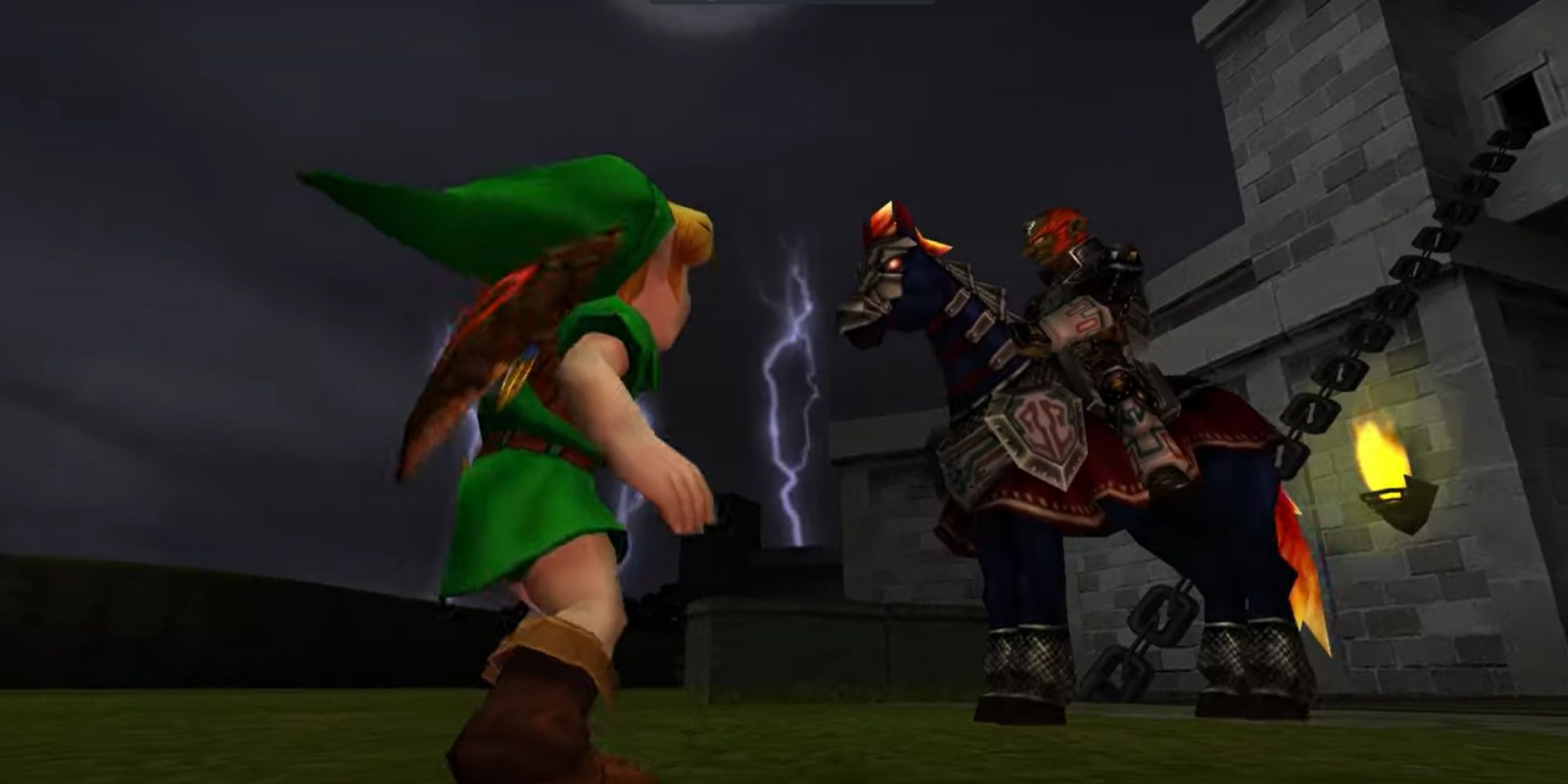 Ocarina of Time's Link Meeting Ganondorf on Horse in Front of Hyrule Castle Town