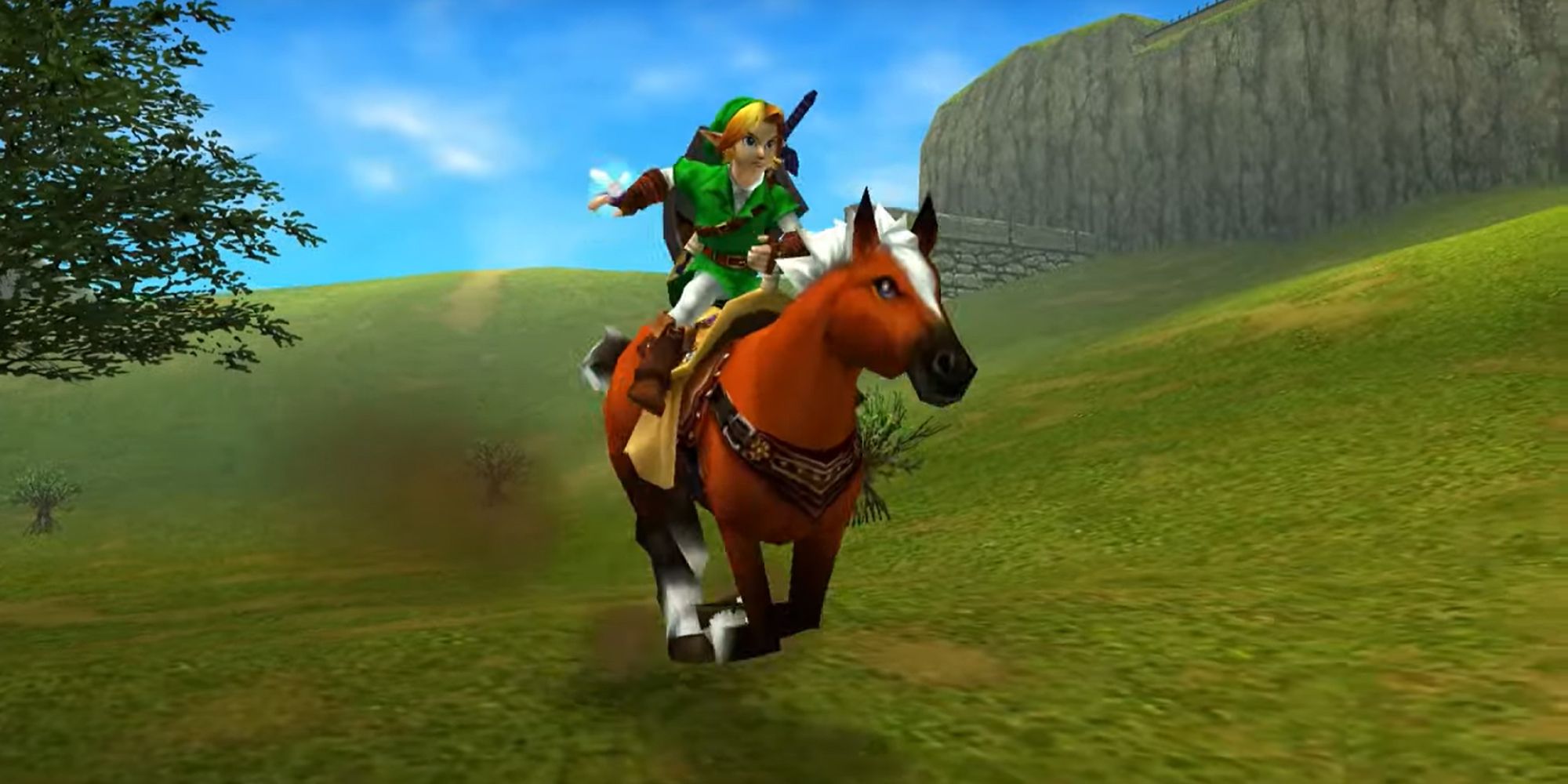 Ocarina of Time's Link Riding Epona in Hyrule Field