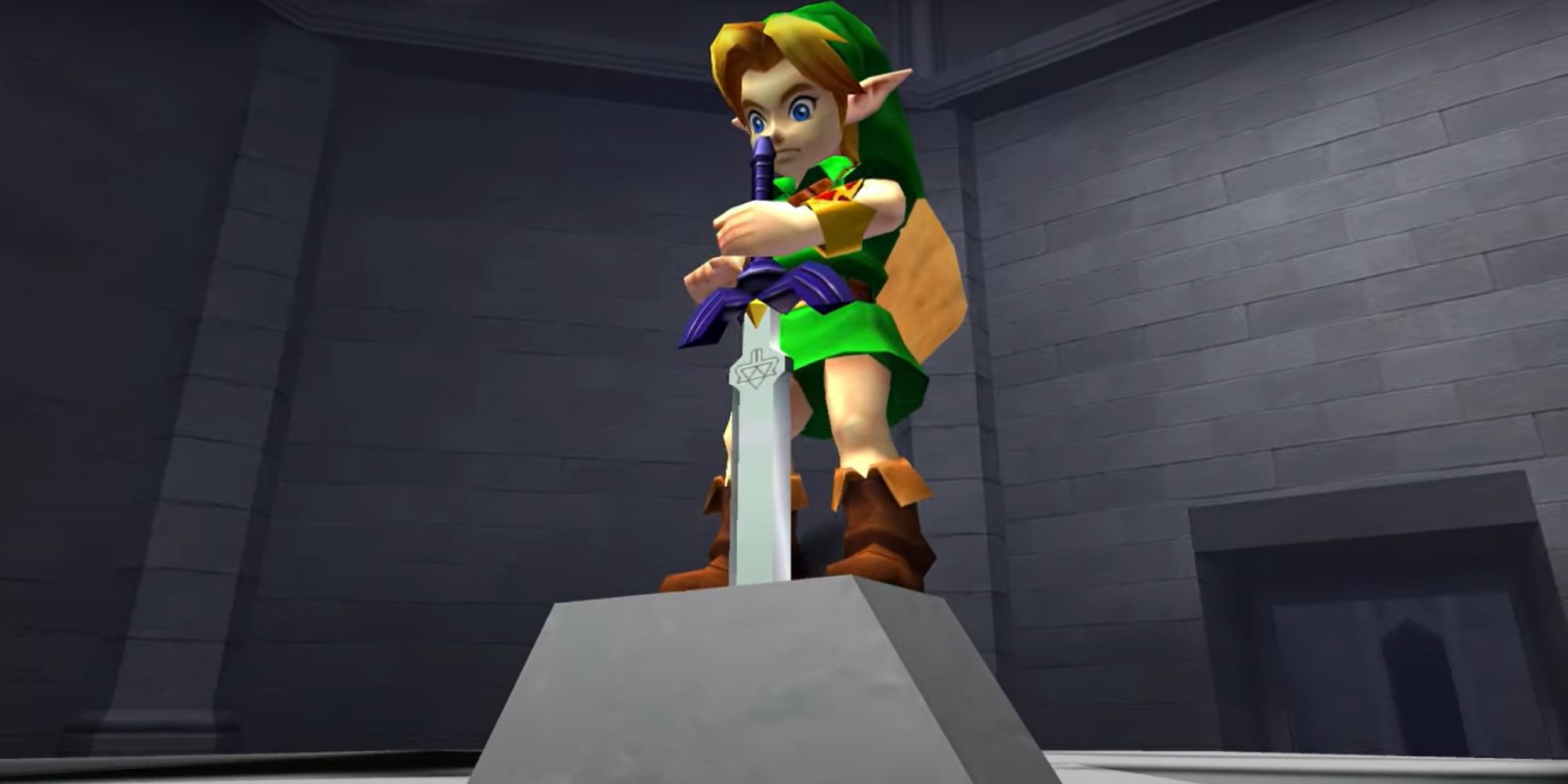 Ocarina of Time's Child Link Pulling Out the Master Sword in the Temple of Time
