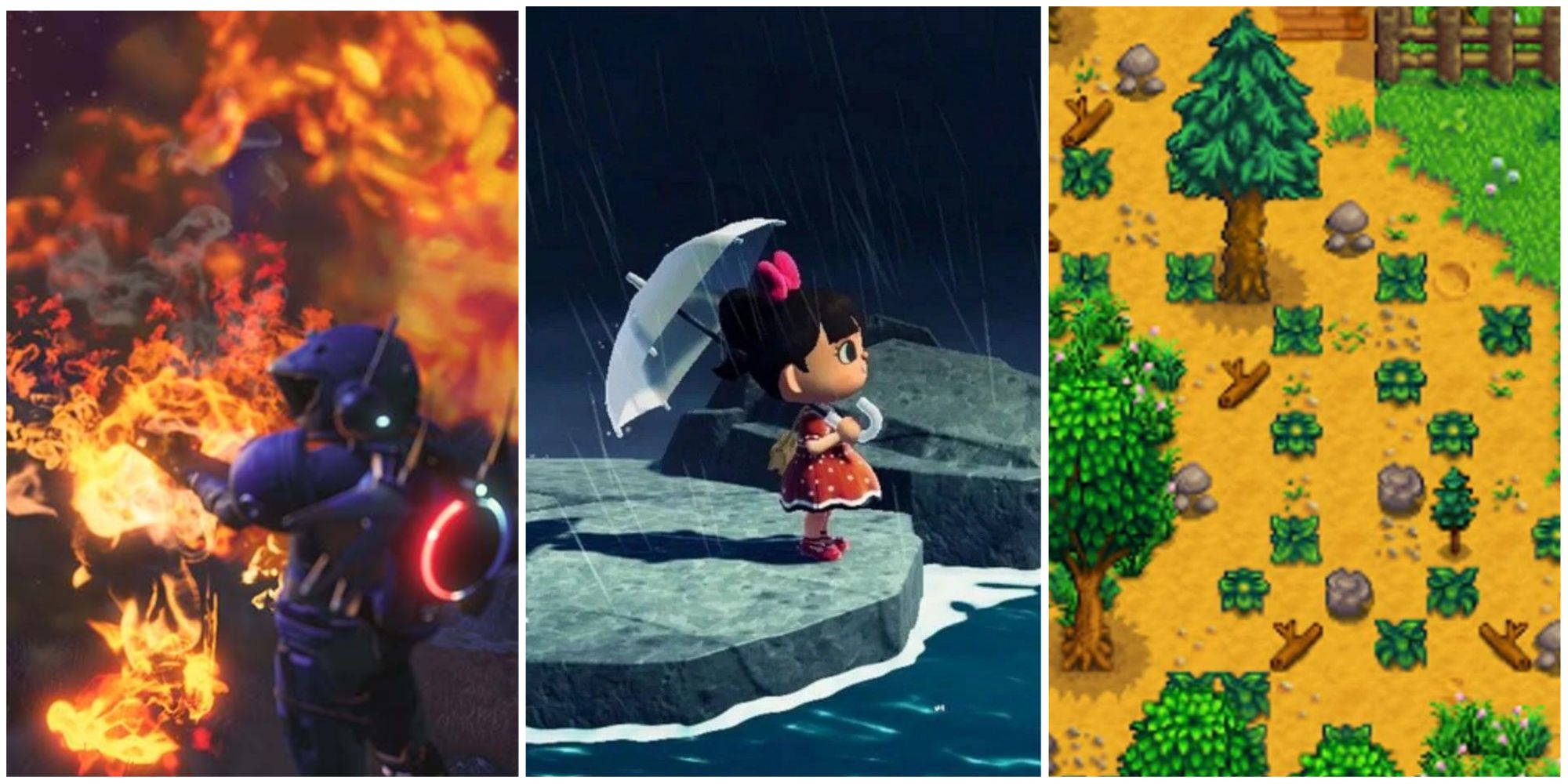 Split Image Of Fire In No Man's Sky, A Player In The Rain In Animal Crossing, And An Overgrown Farm In Stardew Valley