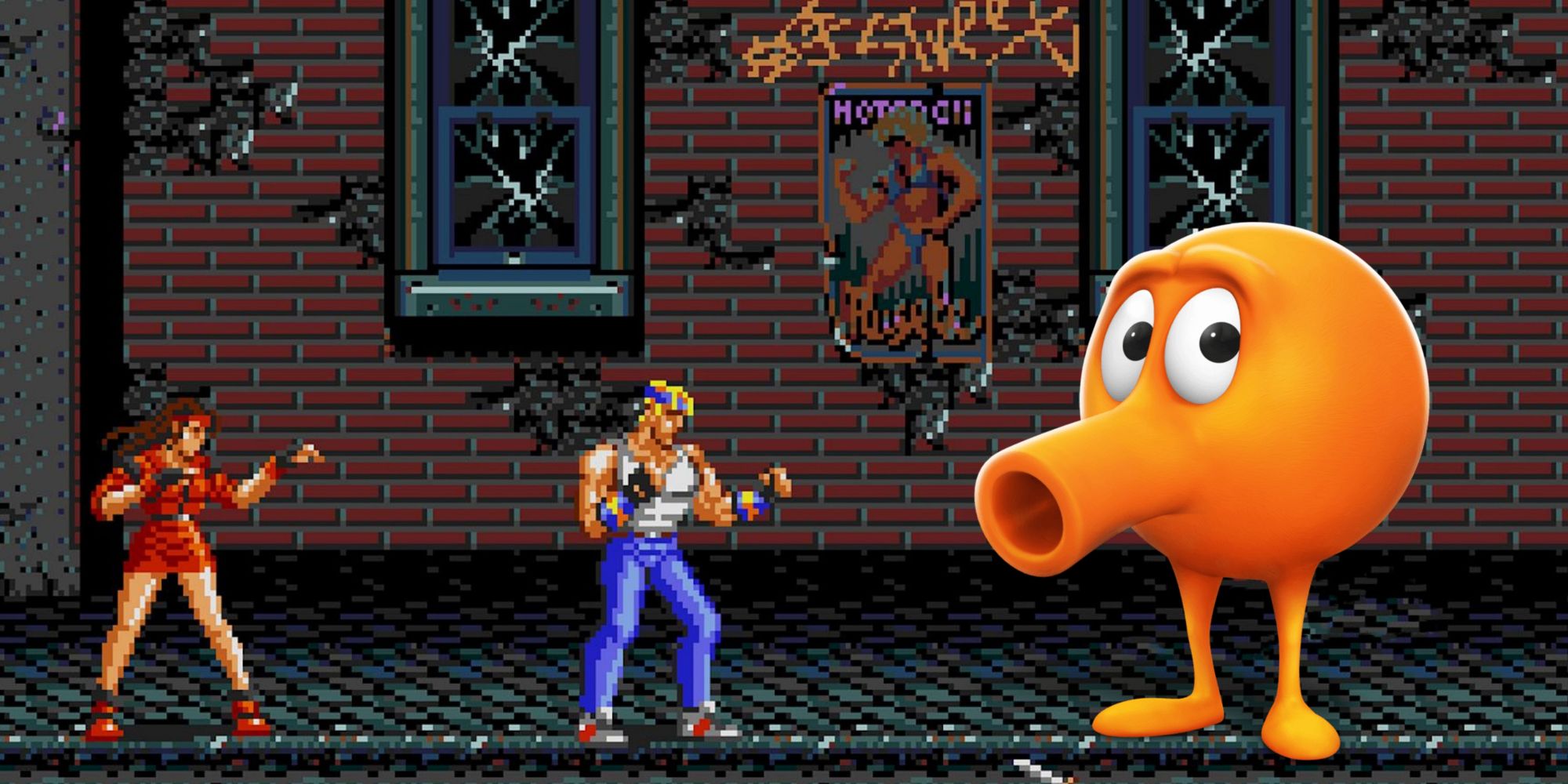 Blaze and Axel from Streets of Rage facing Q*bert