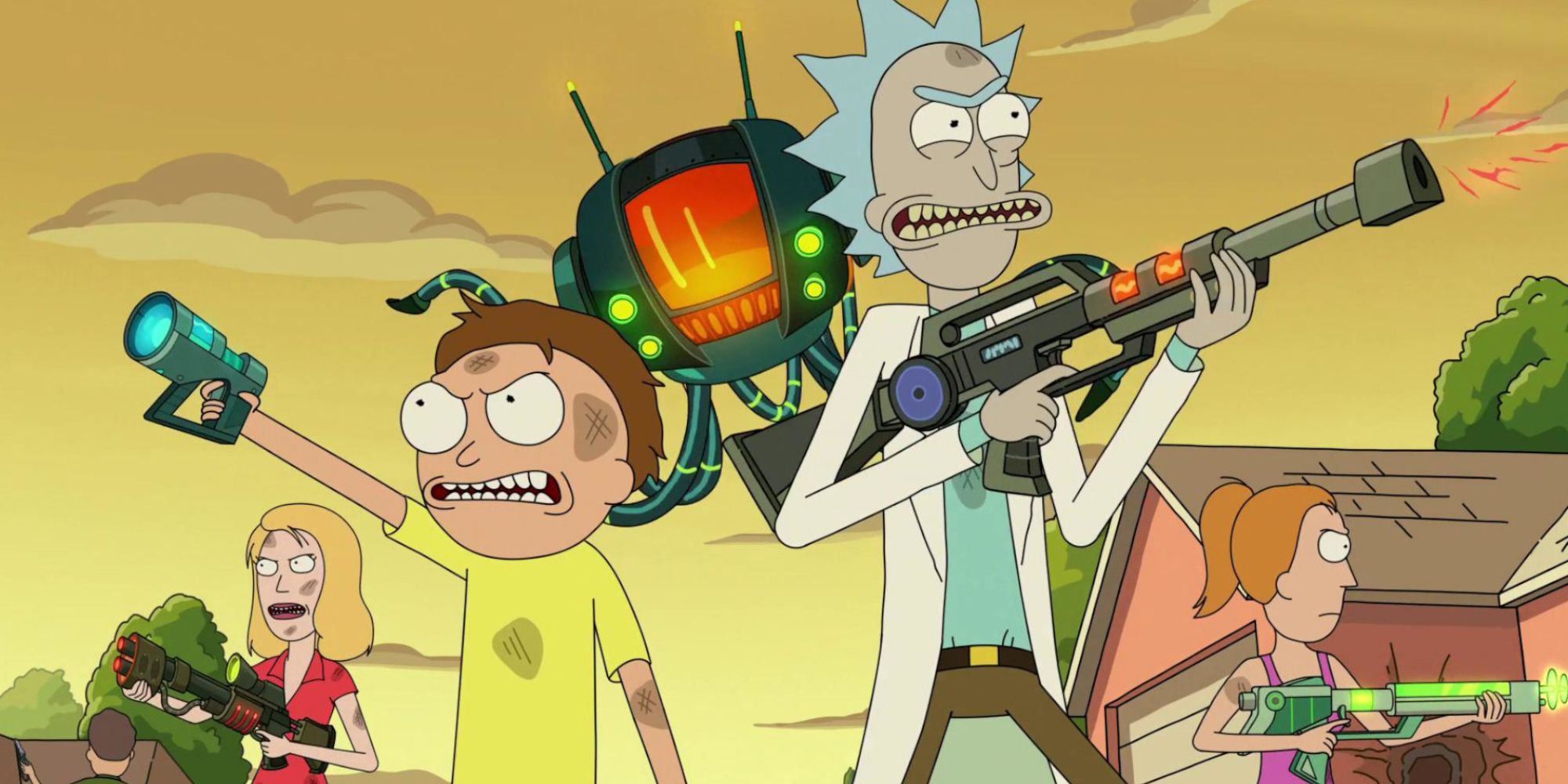 Rick and Morty com armas em pé na frente de um robô