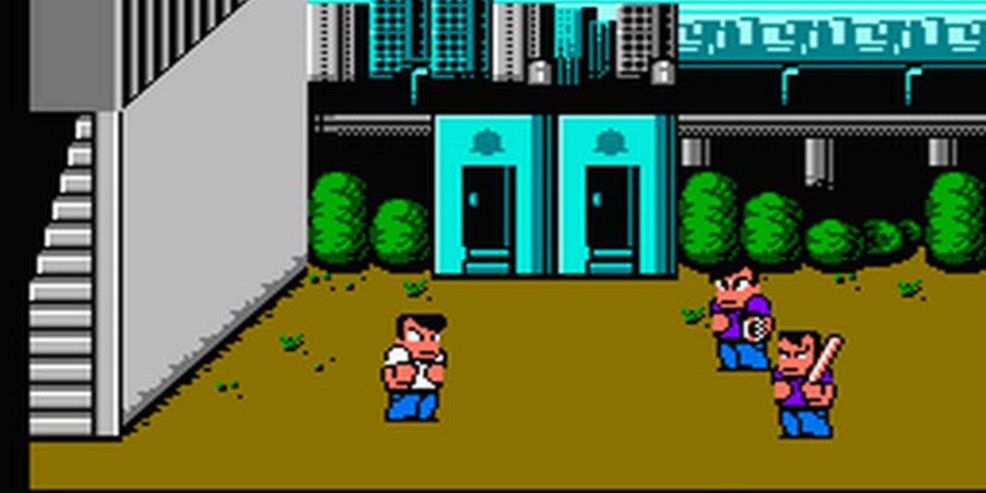 Alex faces enemies behind a building.