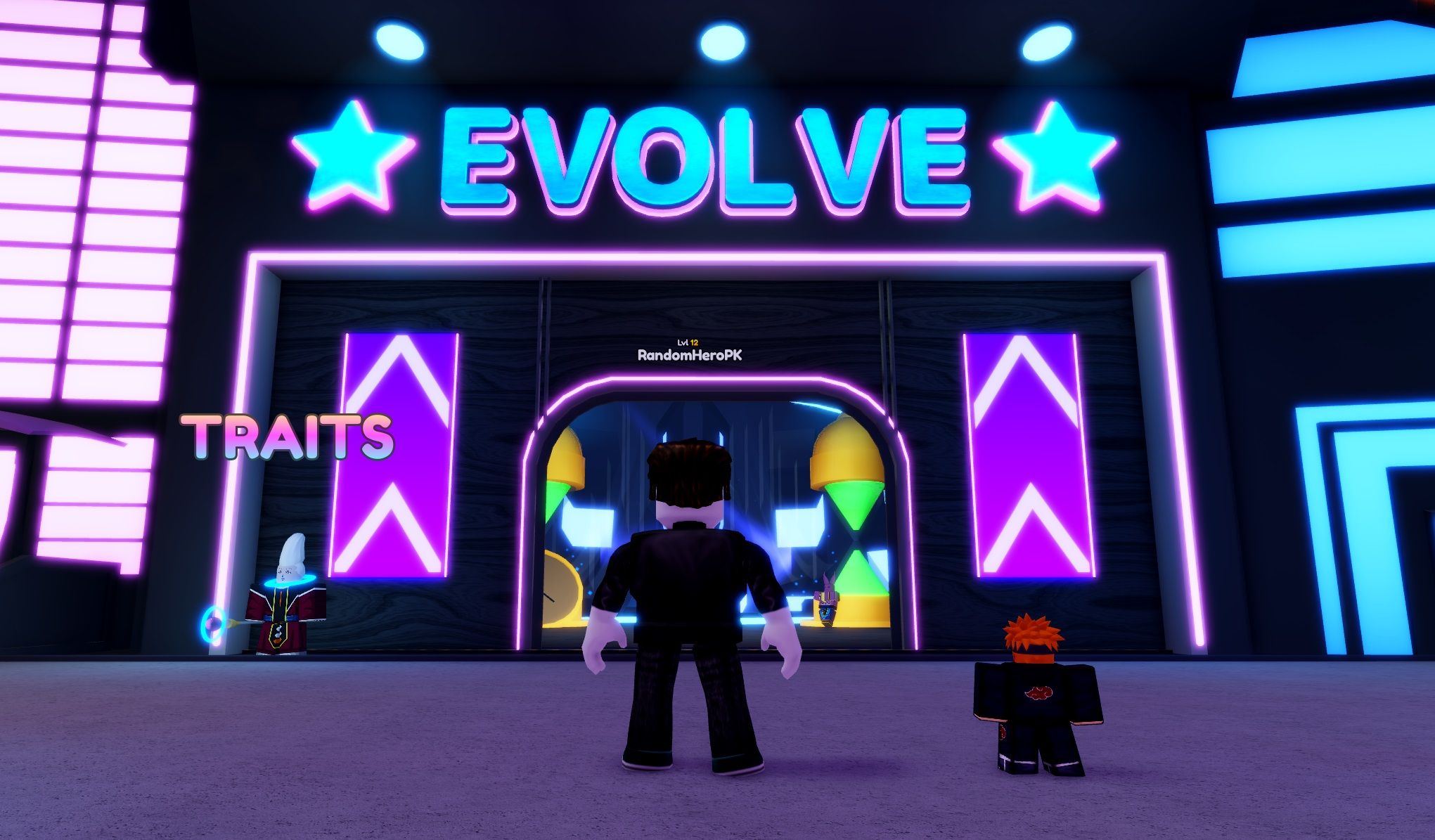 A Blocky Character Stands In Front Of A Huge Sign Saying EVOLVE