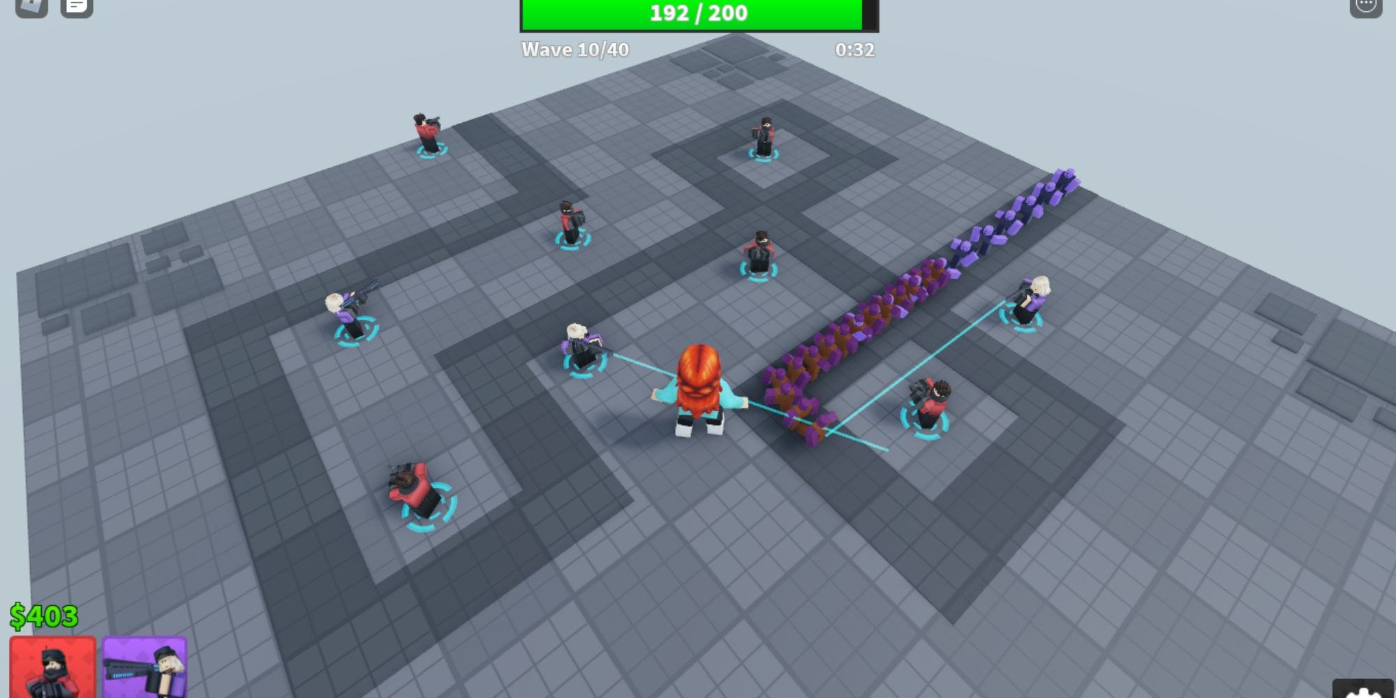 A checkerboard floor with a long, twisting line going through it as enemies travel in from one side and fighters attempt to stop them