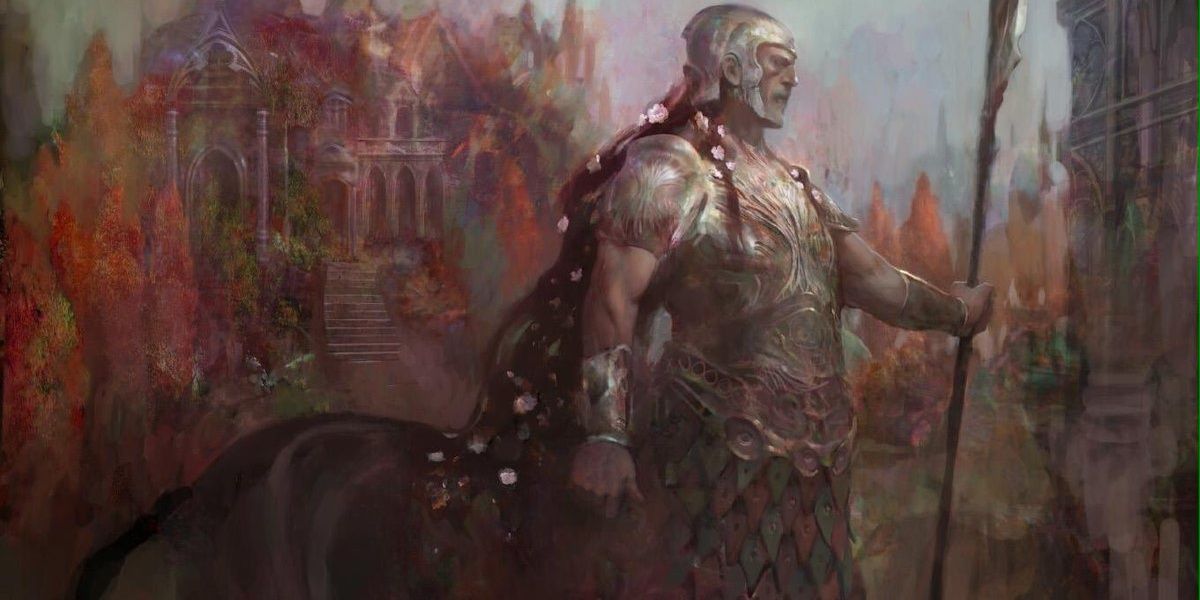 Centaur warrior guard in armor with halberd