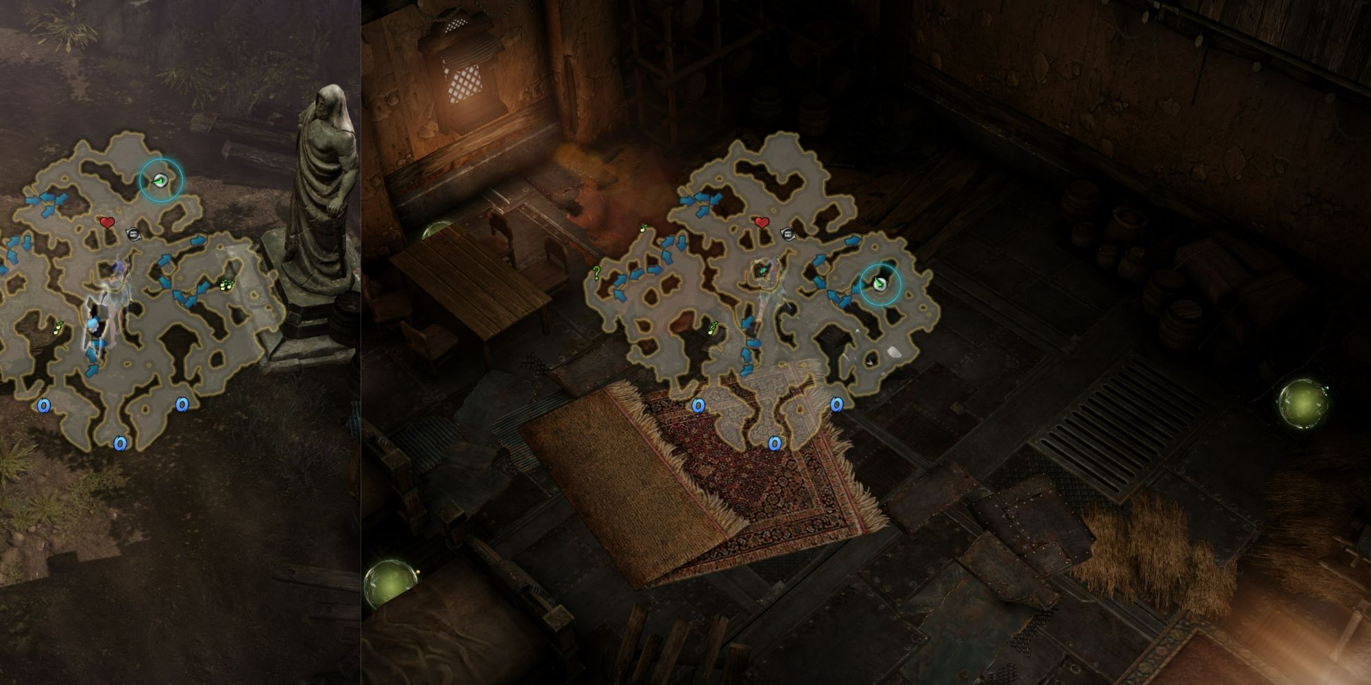 Lost Ark split image of Runaways Island Mokoko Seeds 4, 5, 6 location with minimap open and their hidden entrance